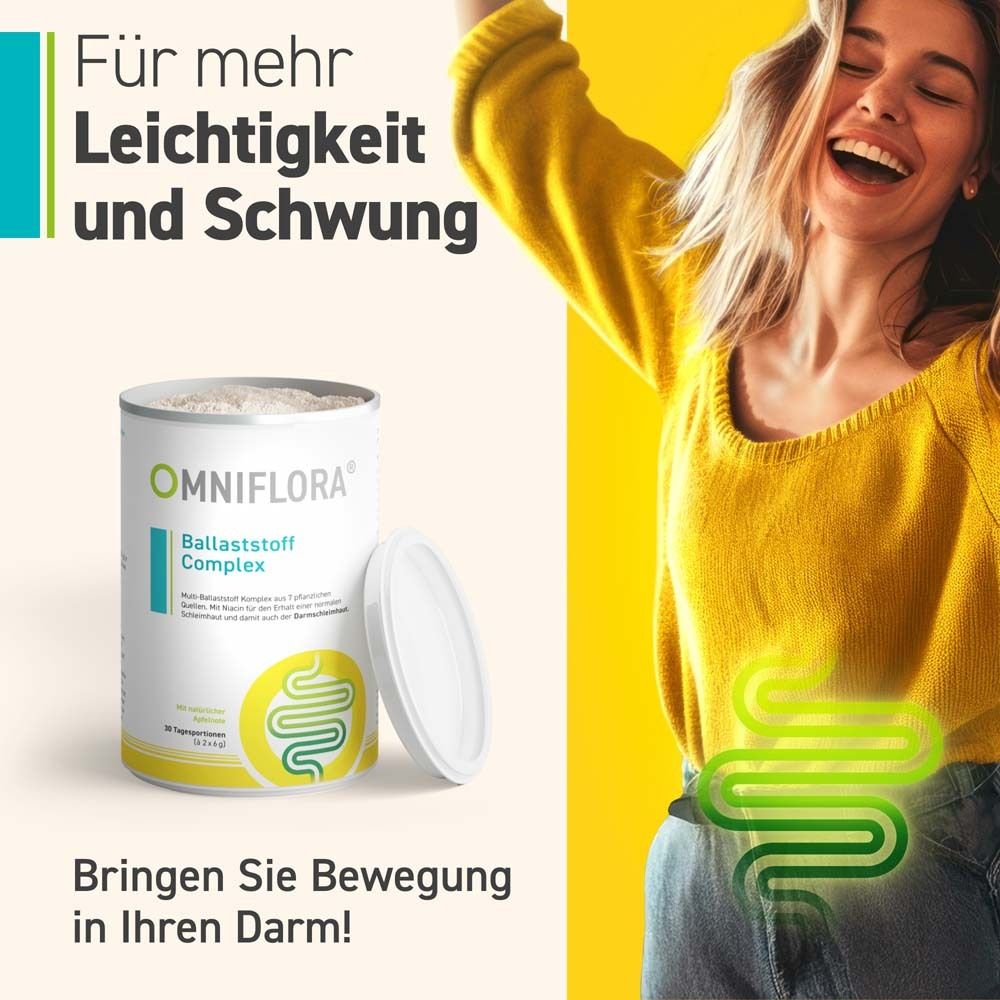 Frau mit gelbem Oberteil und Dose. Text: Für mehr Leichtigkeit und Schwung. Bringen Sie Bewegung in Ihren Darm!