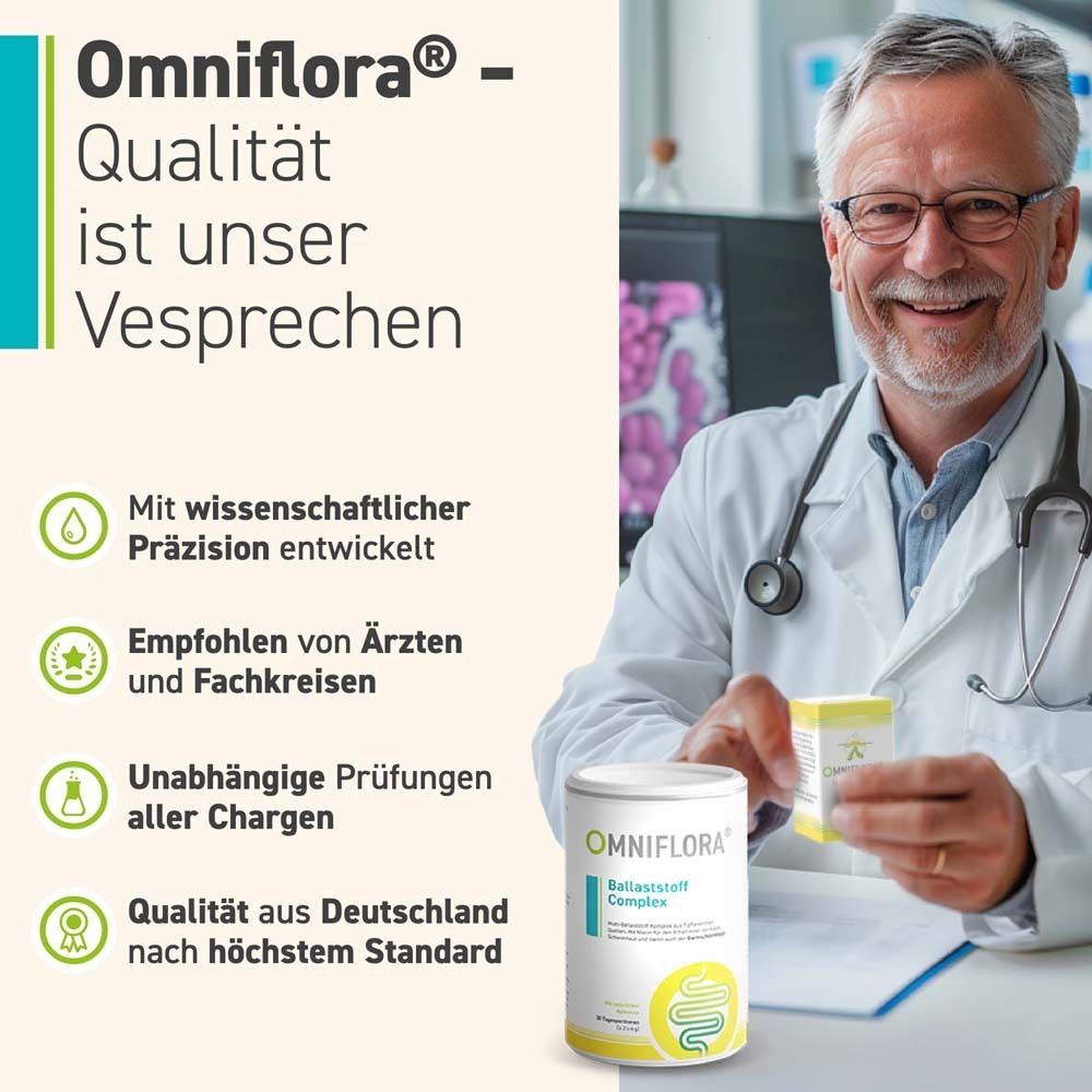 Arzt mit Dose. Text: OMNIFLORA® - Qualität ist unser Versprechen. Logos: wissenschaftlich entwickelt, von Ärzten empfohlen.