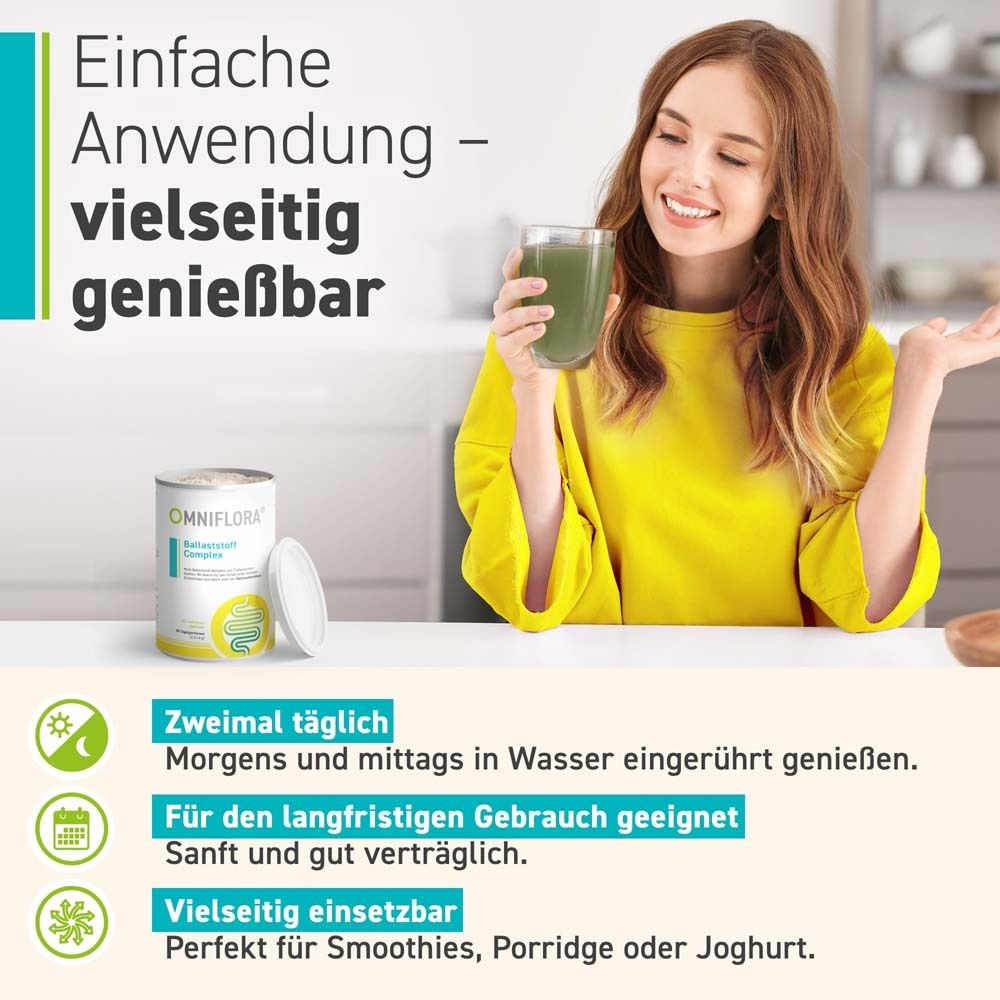 Frau mit Glas. Dose OMNIFLORA® Ballaststoff Complex. Text: Einfache Anwendung - vielseitig genießbar. Anwendungshinweise.