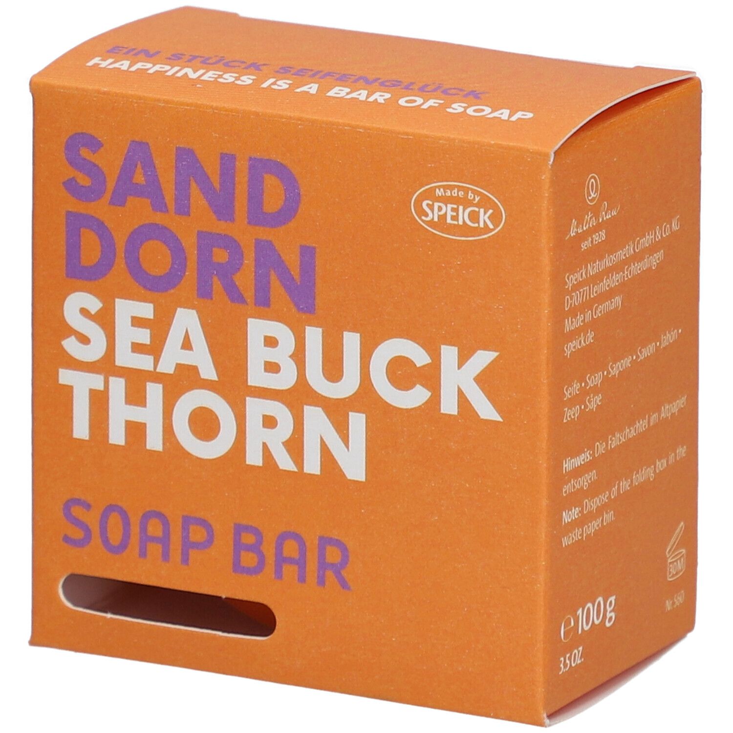 Orangefarbene Schachtel mit "SANDDORN SEA BUCK THORN SOAP BAR"-Schriftzug. Marke: SPEICK. 100g.