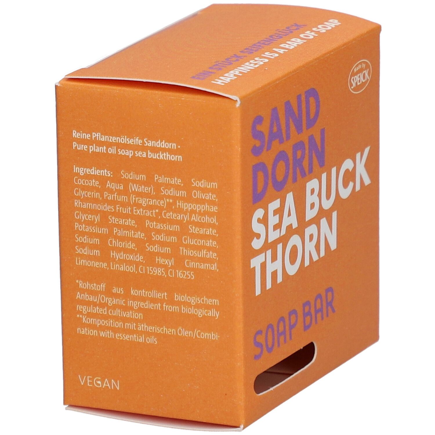 Orangefarbene Schachtel mit Inhaltsangaben und "SANDDORN SEA BUCK THORN SOAP BAR"-Schriftzug. Vegan-Logo.