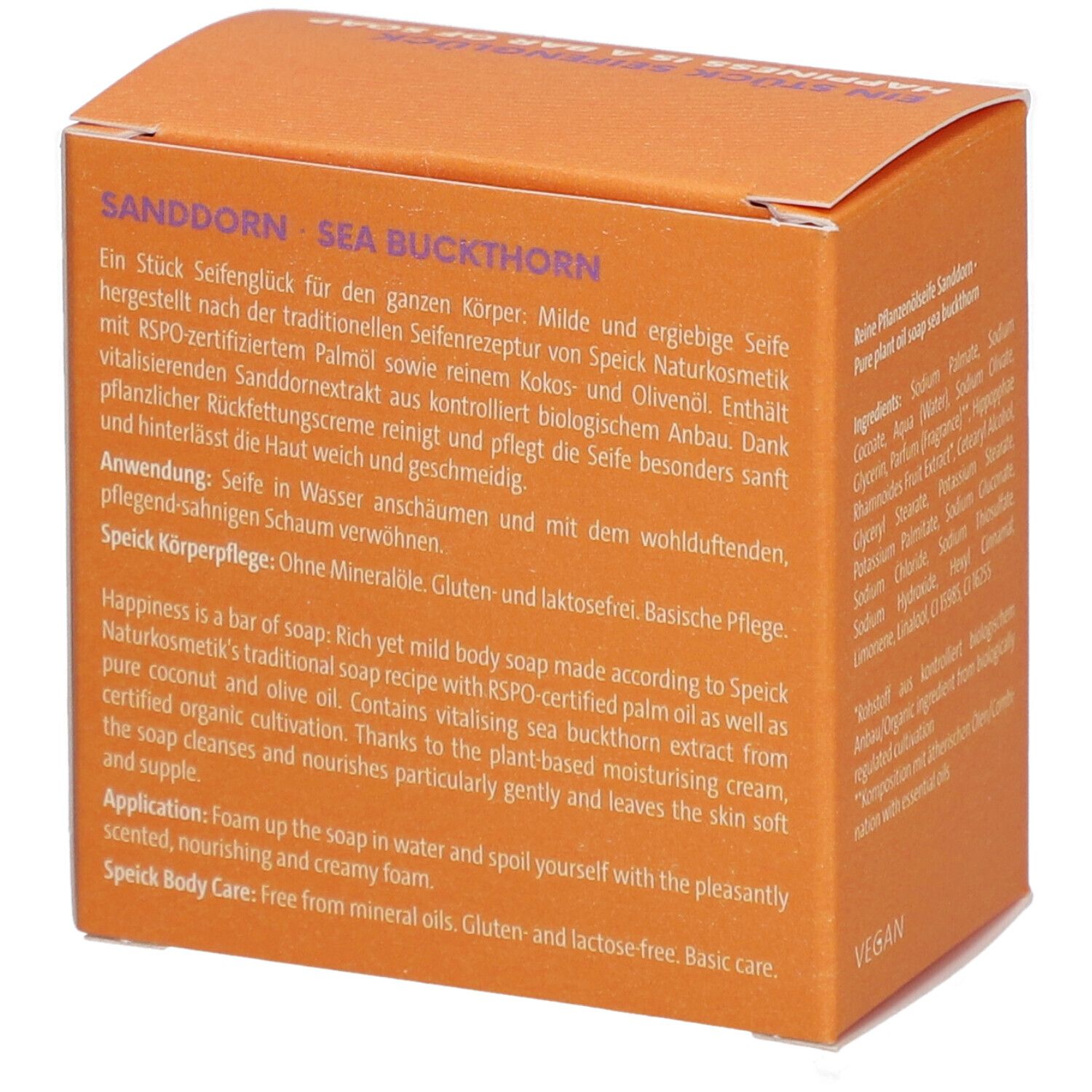 Orangefarbene Schachtel mit Text über die Seife und "SANDDORN SEA BUCKTHORN"-Schriftzug. Vegan-Logo.