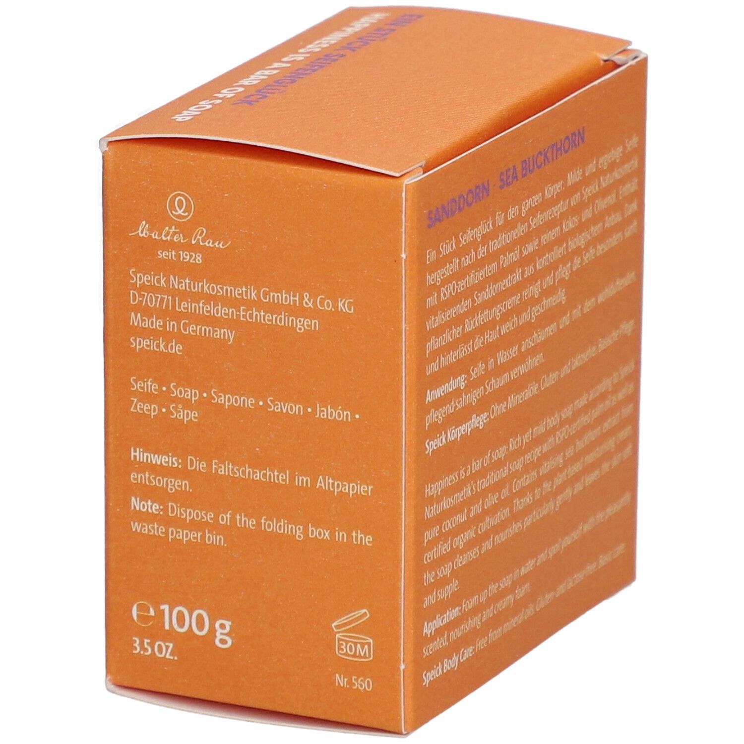 Orangefarbene Schachtel mit Text über die Seife und "SANDDORN SEA BUCKTHORN"-Schriftzug. 100g, 3.5 OZ.