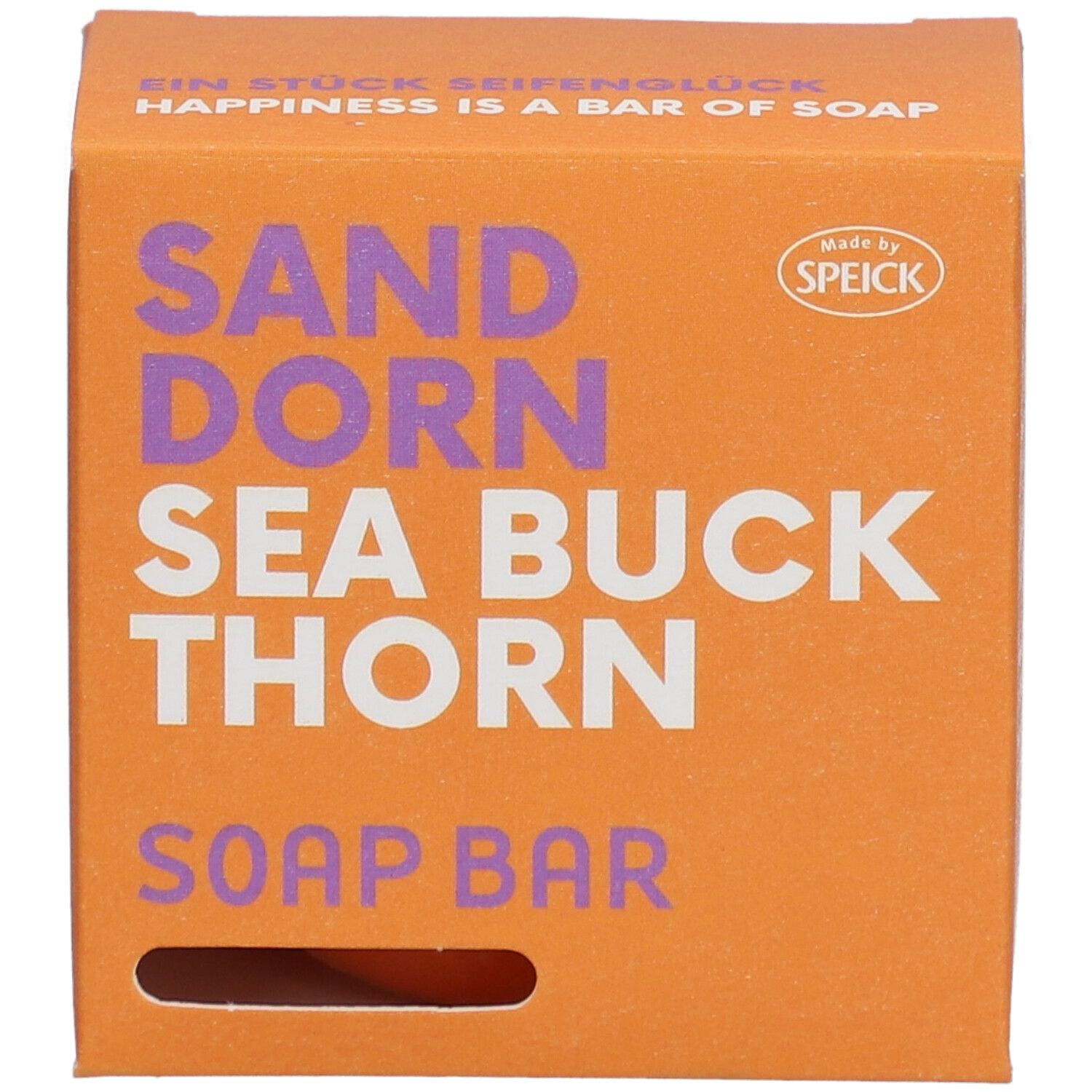 Orangefarbene Schachtel mit "SANDDORN SEA BUCK THORN SOAP BAR"-Schriftzug. Marke: SPEICK.