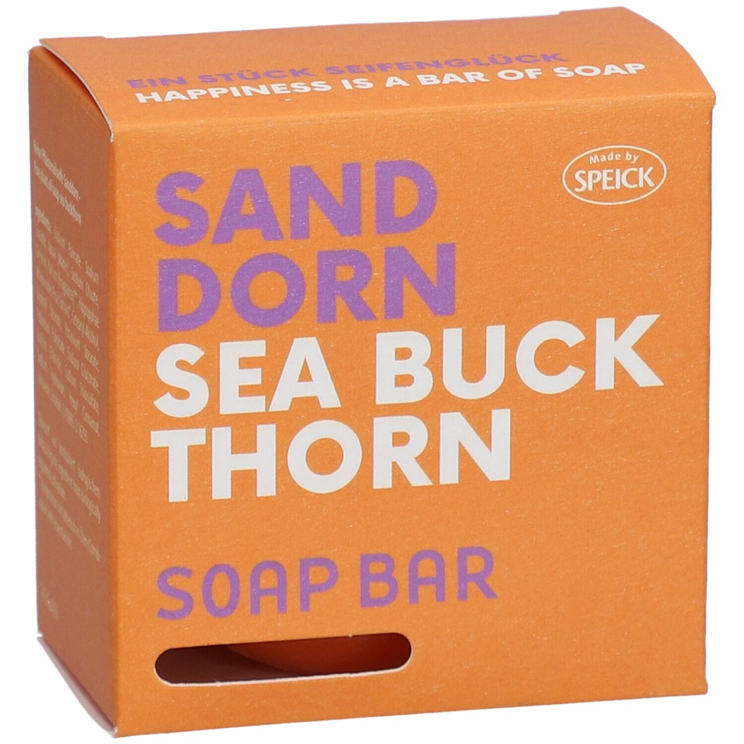 Orangefarbene Schachtel mit "SANDDORN SEA BUCK THORN SOAP BAR"-Schriftzug. Marke: SPEICK.