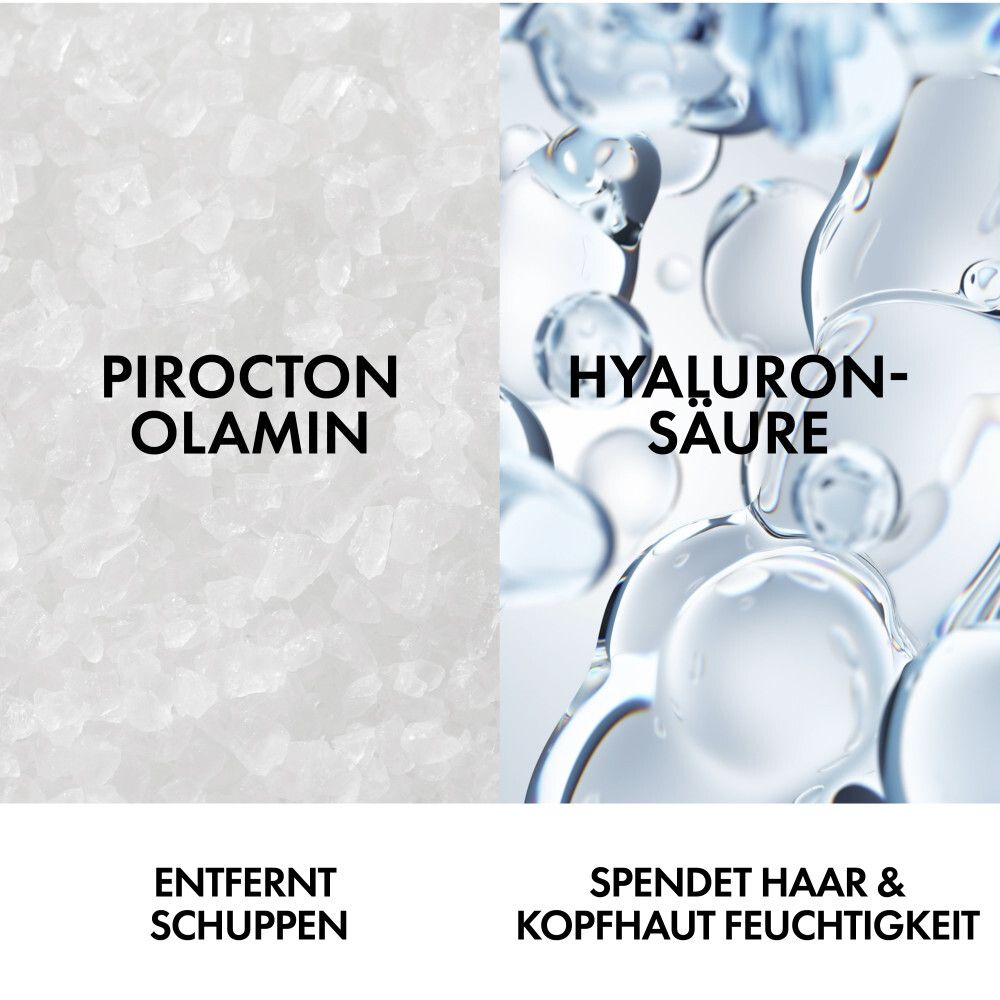 Zwei Bereiche: Pirocton Olamin und Hyaluronsäure. Text: Entfernt Schuppen. Spendet Haar & Kopfhaut Feuchtigkeit.