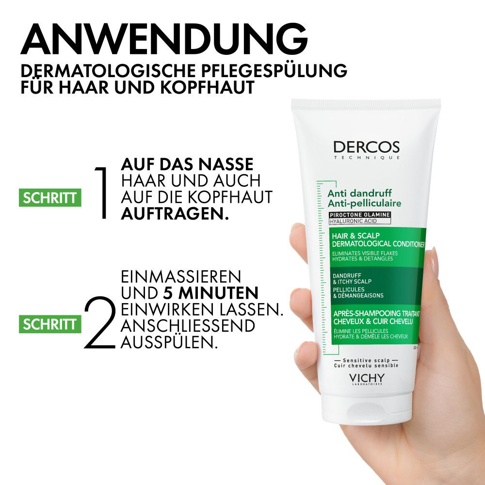 Anwendungsschritte. Schritt 1: Auf nasses Haar und Kopfhaut auftragen. Schritt 2: Einwirken lassen, ausspülen. Produkt: DERCOS.