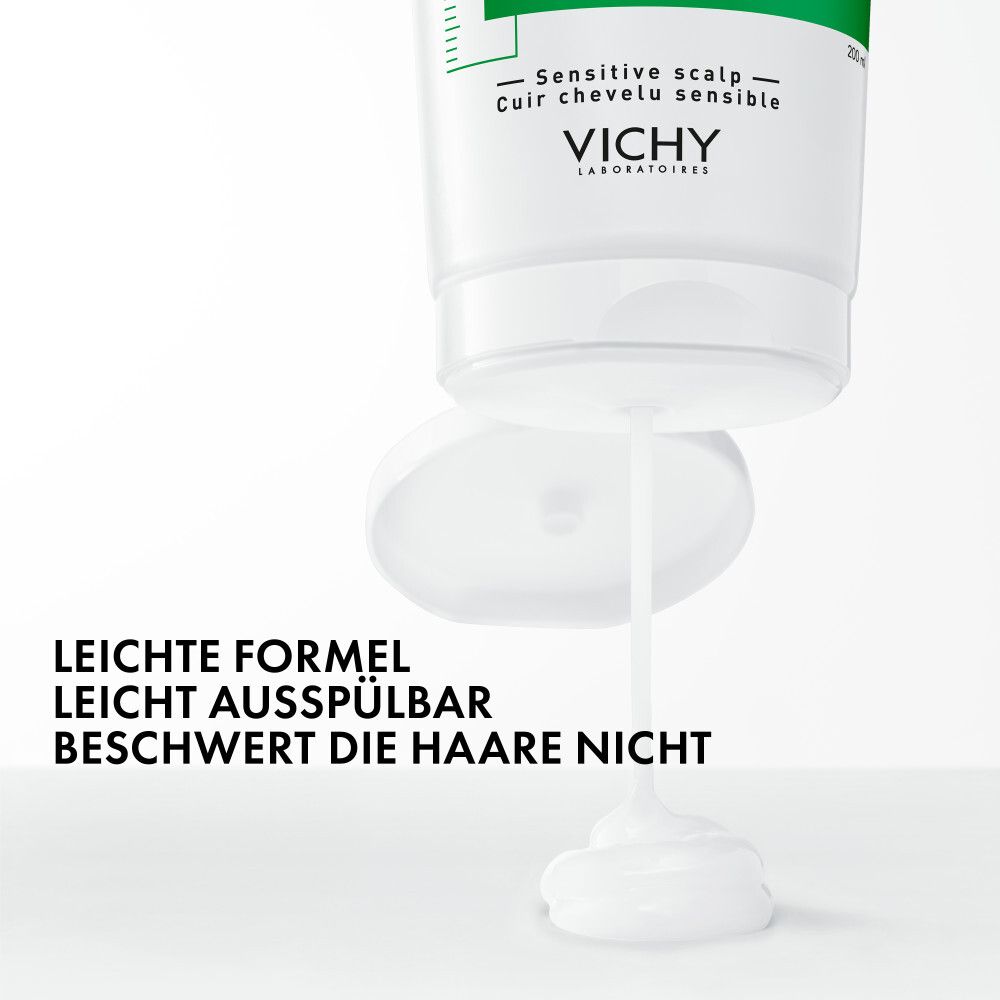 Produkt wird aus Tube gedrückt. Text: Leichte Formel, leicht ausspülbar, beschwert die Haare nicht.
