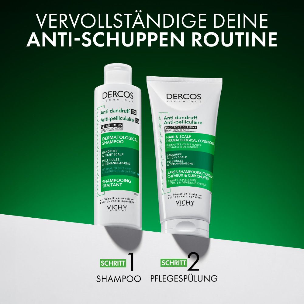 Zwei Produkte: DERCOS Anti-Schuppen Shampoo und Pflege. Schritte 1 und 2. Text: Vervollständige deine Anti-Schuppen Routine.