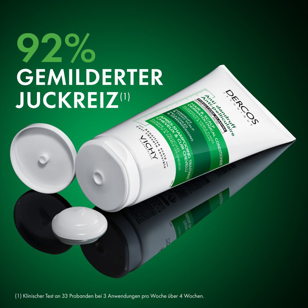 Tube und Deckel. Text: 92% gemilderter Juckreiz. Produkt: DERCOS Anti-Schuppen Conditioner.