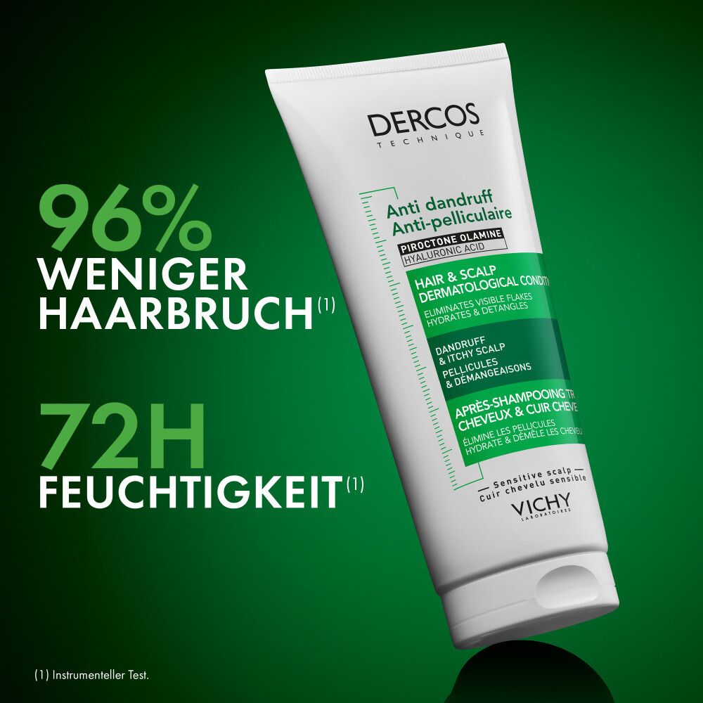 Tube. Text: 96% weniger Haarbruch, 72H Feuchtigkeit. Produkt: DERCOS Anti-Schuppen Conditioner.