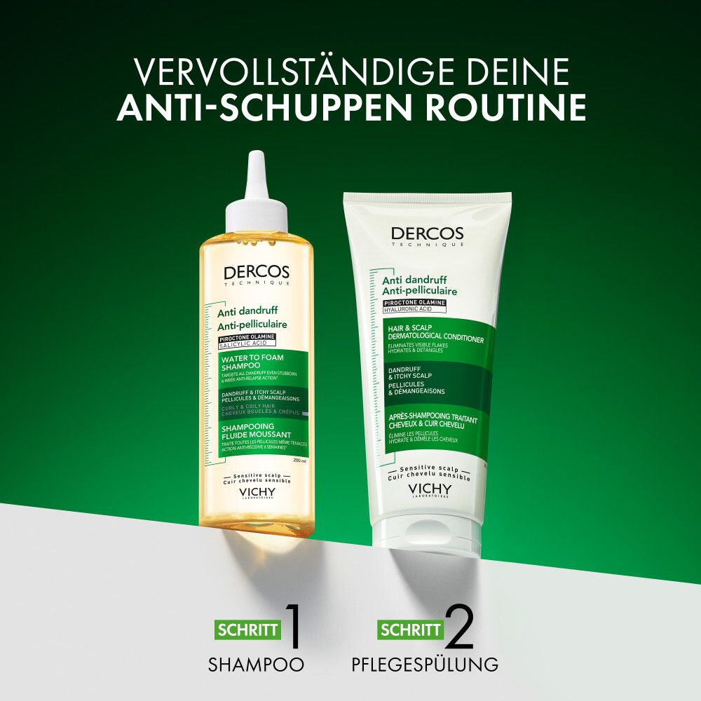 Dercos Shampoo und Spülung. Schritt 1: Shampoo. Schritt 2: Pflegespülung. Grüne Hintergrund.