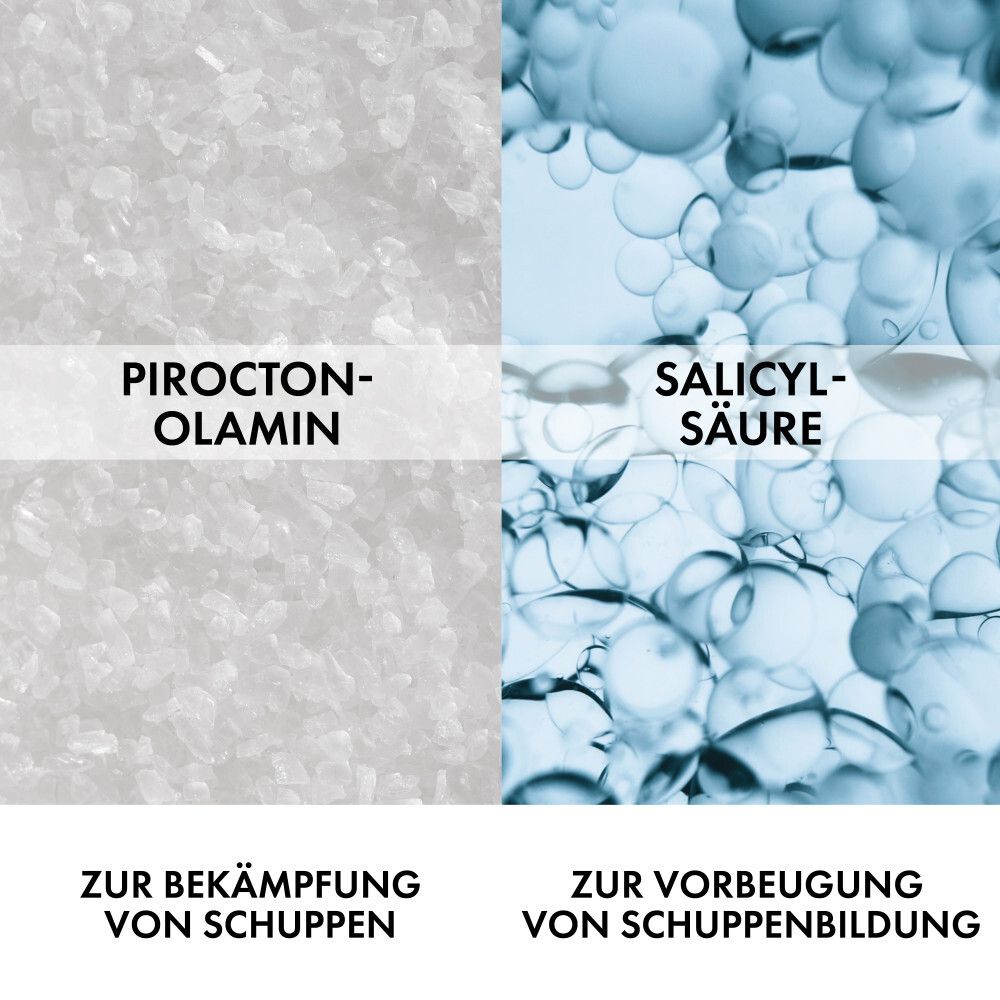 Pirocton-Olamin und Salicylsäure. Gegen Schuppen und deren Vorbeugung. Weiße Schrift auf weißem Hintergrund.