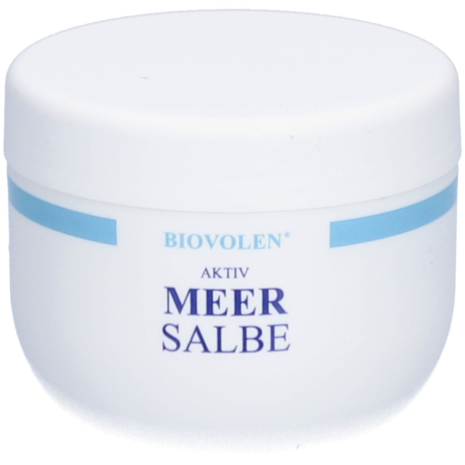 Pot blanc avec bande bleue. Inscription: BIOVOLEN AKTIV MEER SALBE.