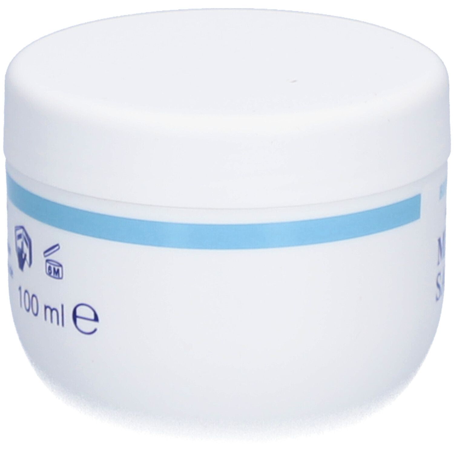 Pot blanc avec bande bleue. Inscription: 100 ml.
