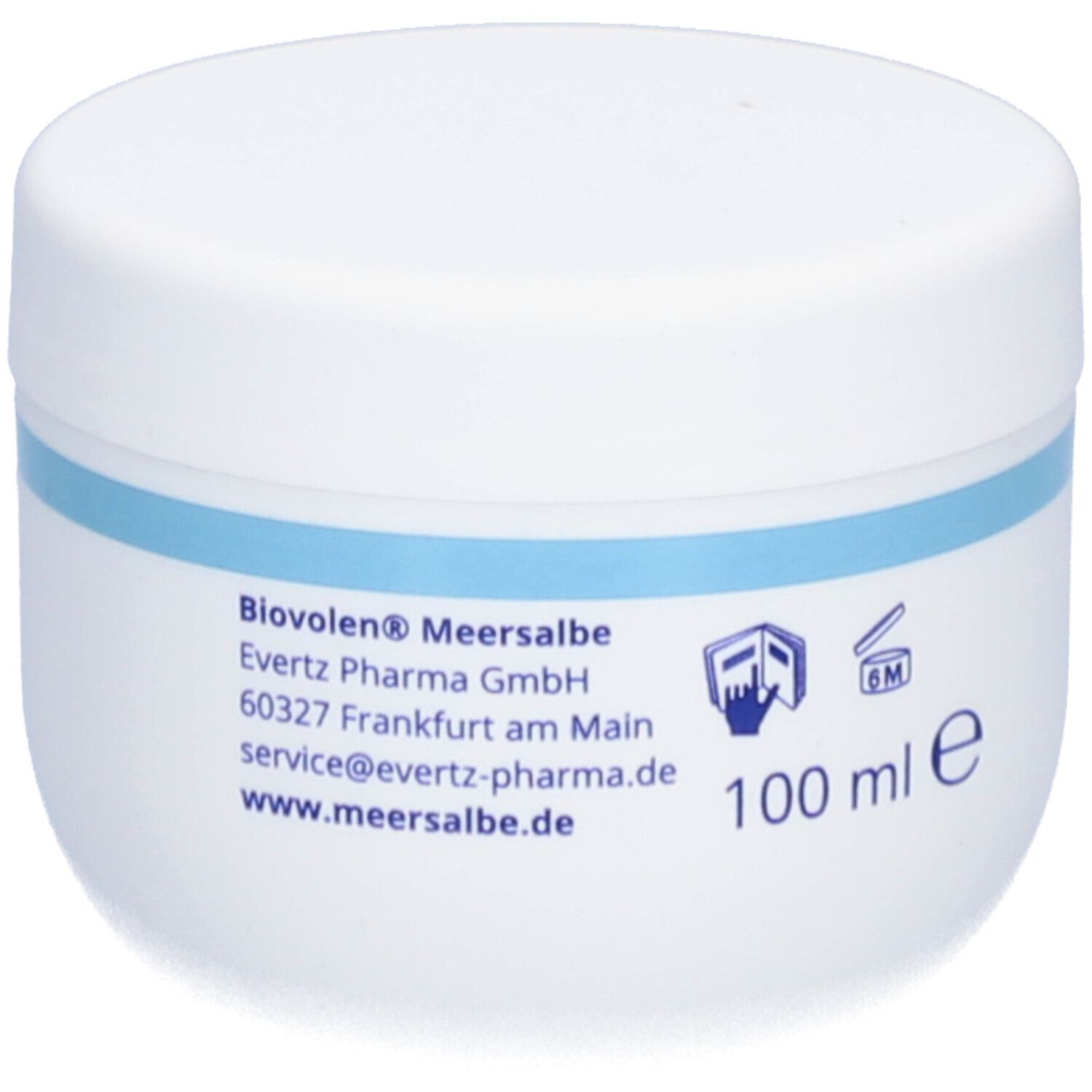 Pot blanc avec bande bleue. Inscription: BIOVOLEN MEERSALBE, 100 ml.