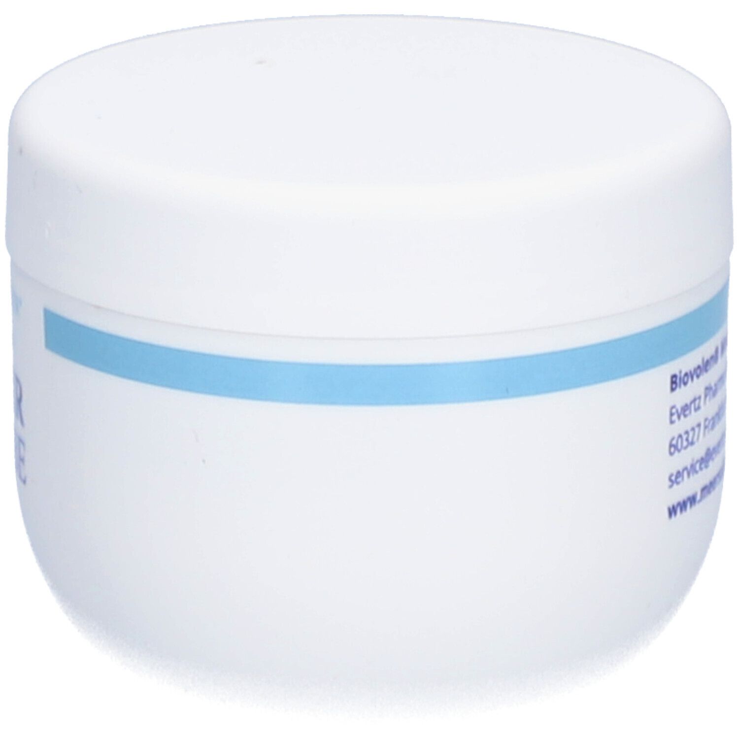 Pot blanc avec bande bleue. Inscription: BIOVOLEN MEERSALBE.