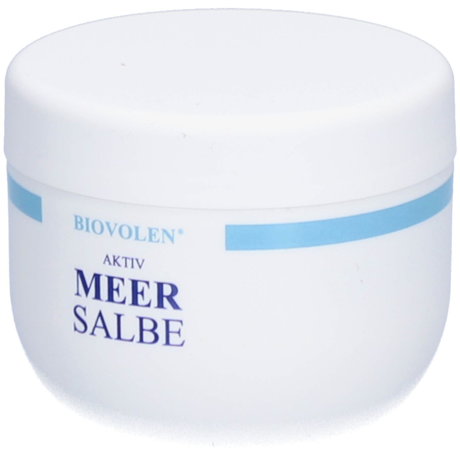 Pot blanc avec bande bleue. Inscription: BIOVOLEN AKTIV MEER SALBE.