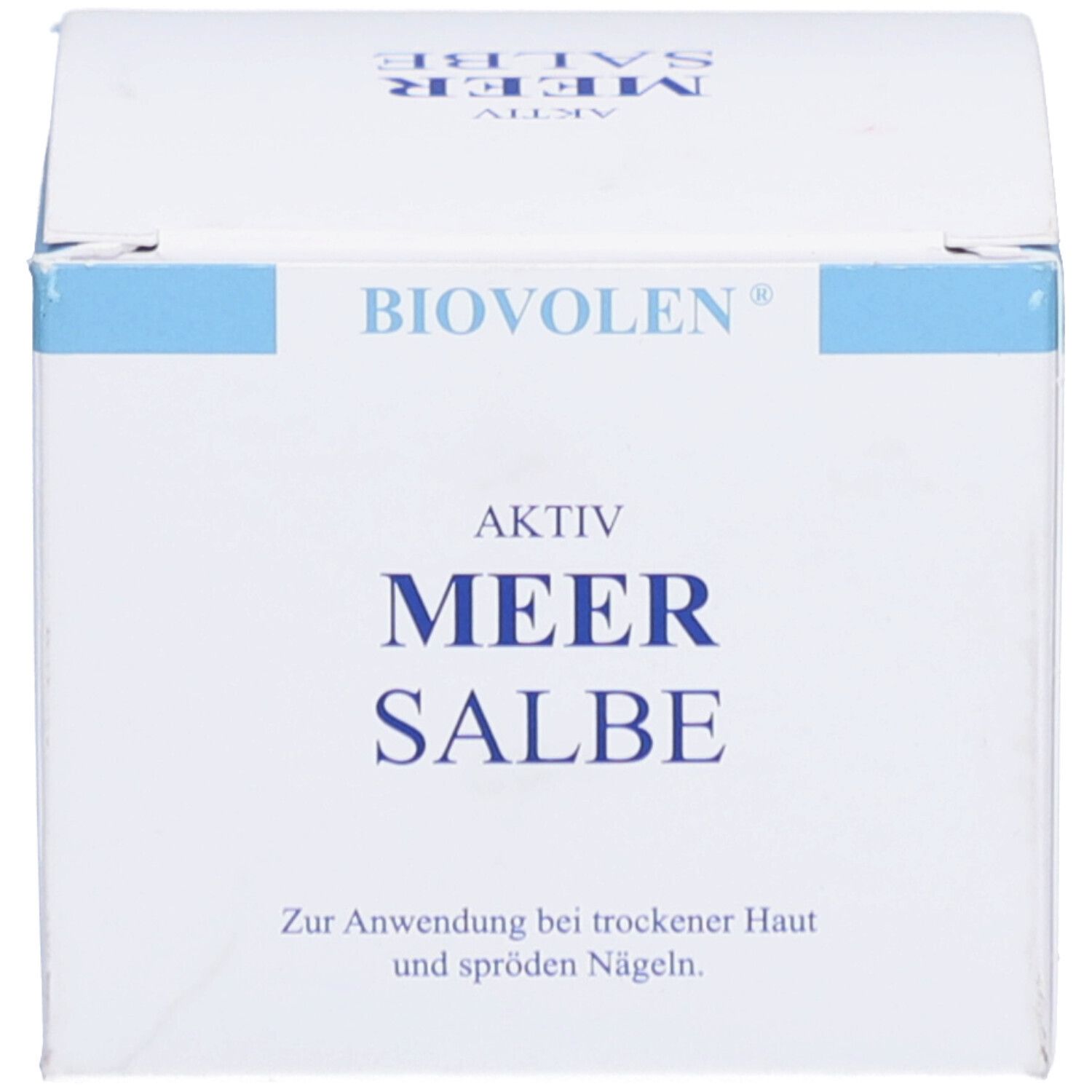 Boîte blanche avec bande bleue. Inscription: BIOVOLEN AKTIV MEER SALBE.
