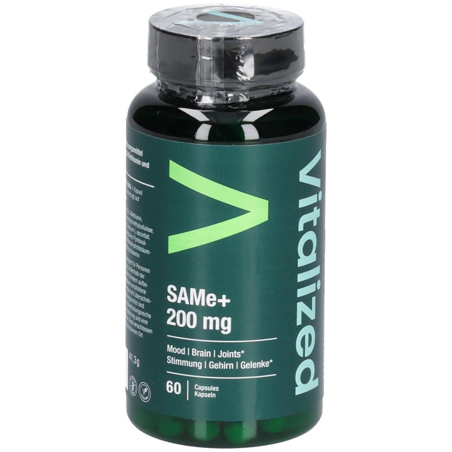 Grüne Flasche mit schwarzen Deckel. Aufschrift: VITALIZED, SAMe+ 200 mg, 60 Kapseln.
