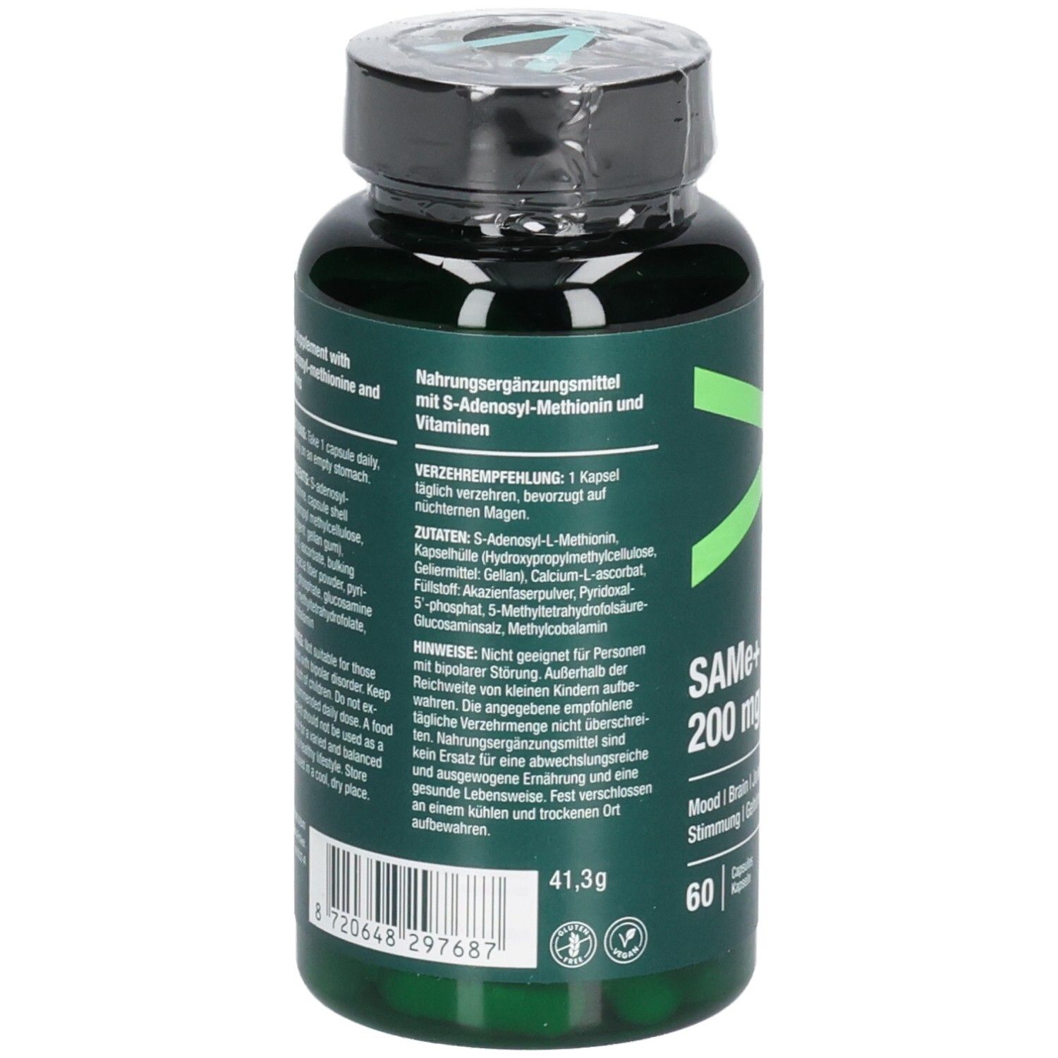 Rückseite der Flasche. Text: Nahrungsergänzungsmittel mit S-Adenosyl-Methionin und Vitaminen. Zutatenliste.