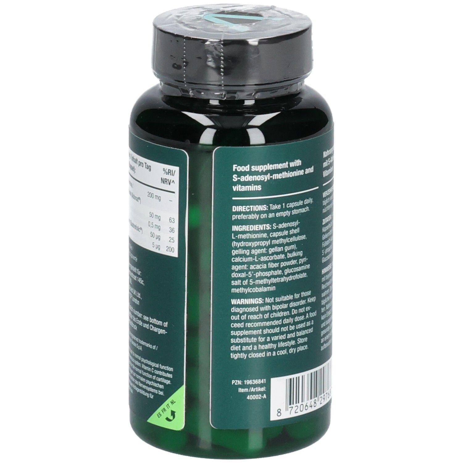 Rückseite der Flasche. Text: Nahrungsergänzungsmittel mit S-Adenosyl-Methionin und Vitaminen. Gebrauchsanweisung.