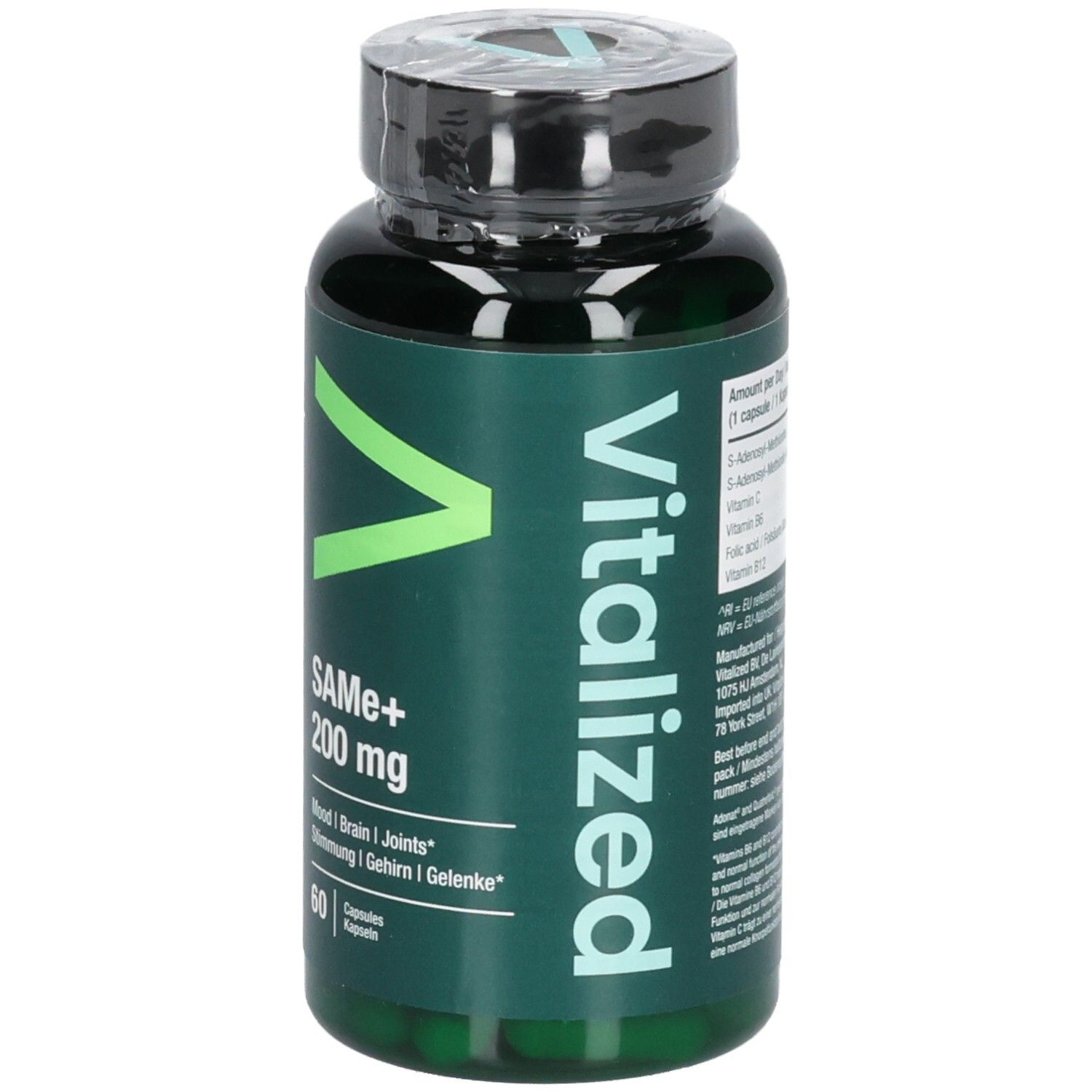 Grüne Flasche mit schwarzen Deckel. Aufschrift: VITALIZED, SAMe+ 200 mg, 60 Kapseln. Nährwertangaben.