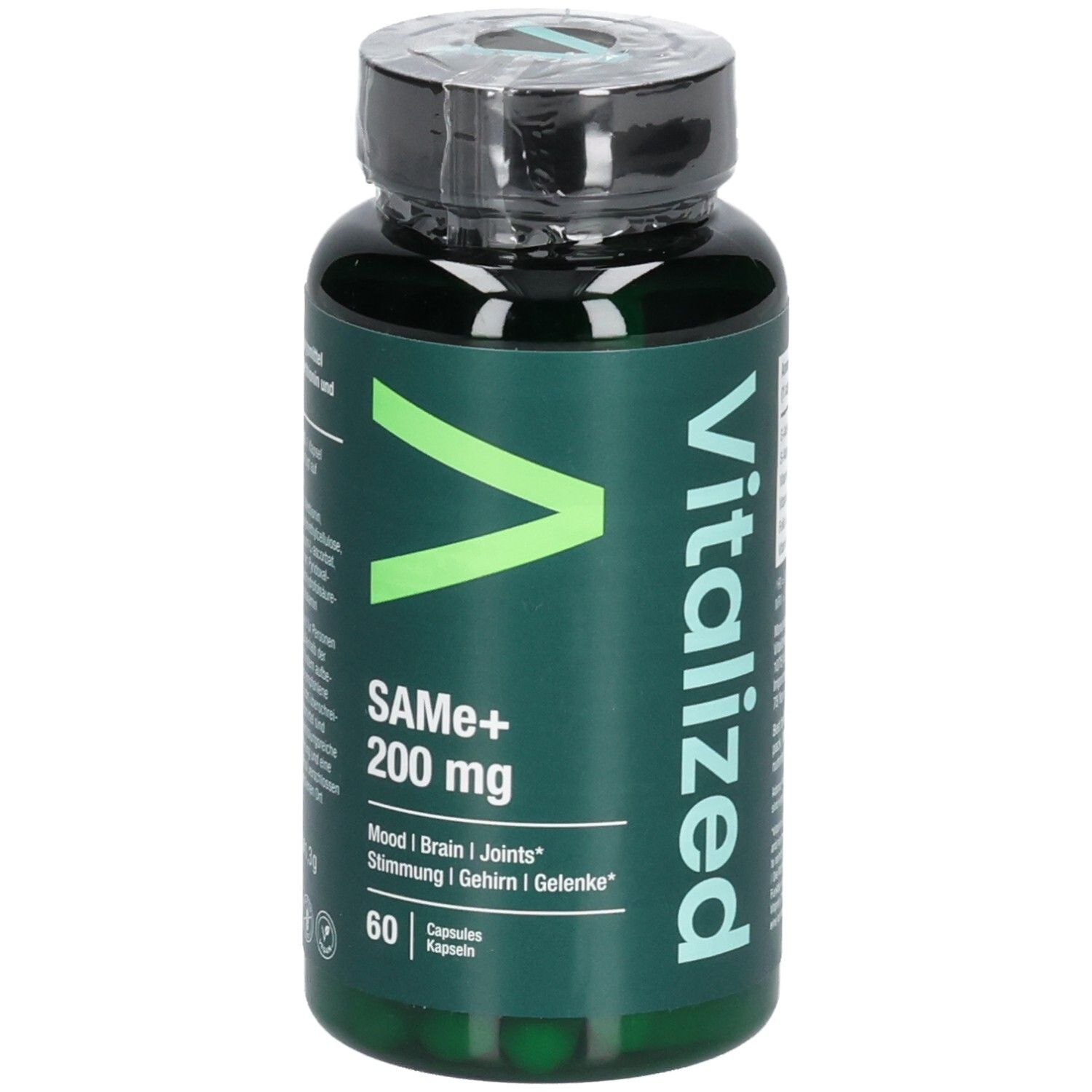 Grüne Flasche mit schwarzen Deckel. Aufschrift: VITALIZED, SAMe+ 200 mg, 60 Kapseln.