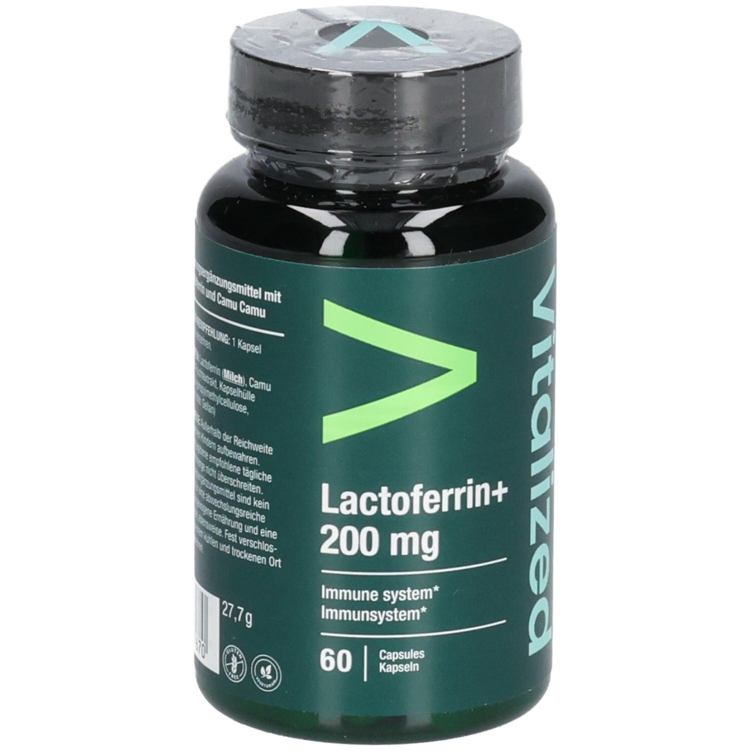 Dunkelgrüne Kapsel-Dose mit schwarzem Deckel. Aufschrift: Vitalized, Lactoferrin+ 200 mg, 60 Kapseln. Grün-weißes Logo.
