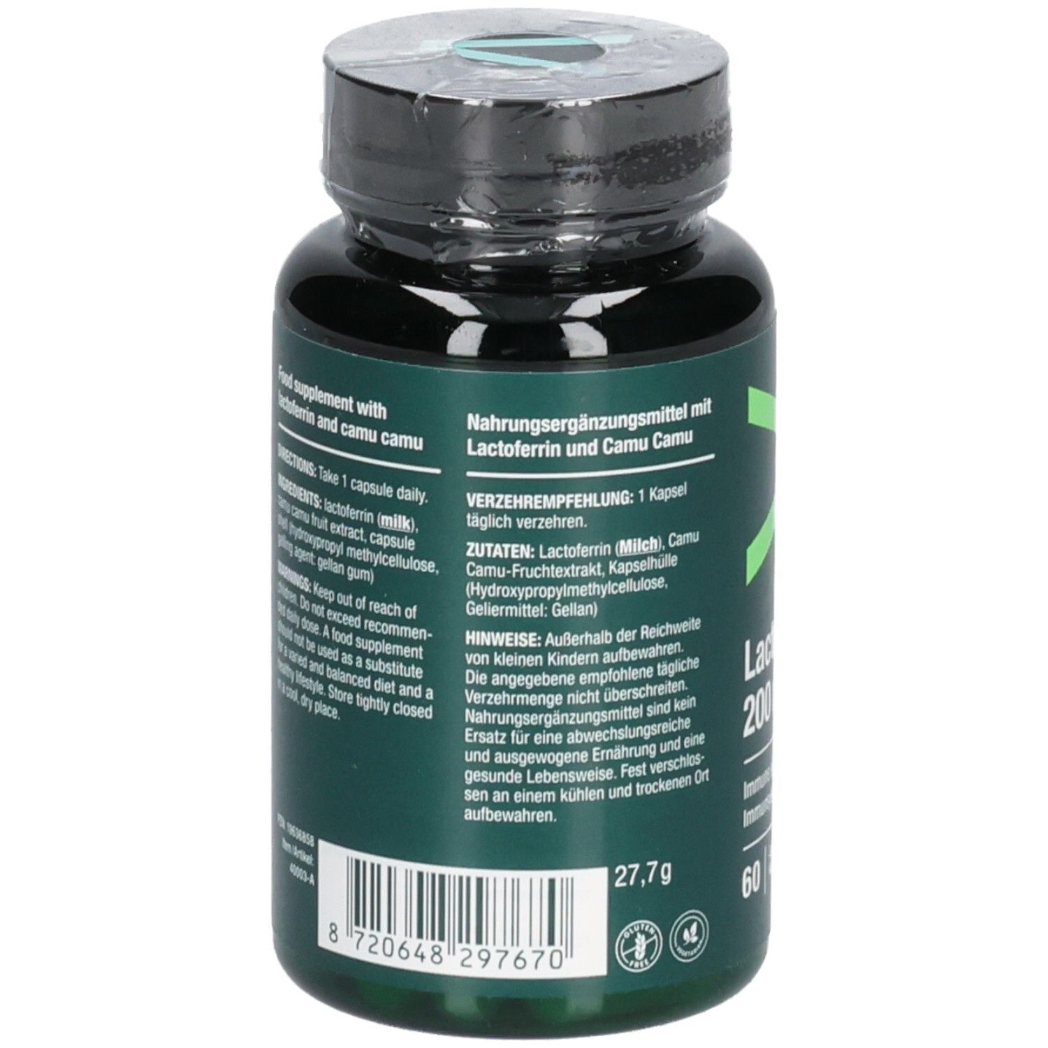 Rückansicht der Kapsel-Dose. Text: Nahrungsergänzungsmittel mit Lactoferrin und Camu Camu. Zutatenliste, Verzehrempfehlung, Warnhinweise.