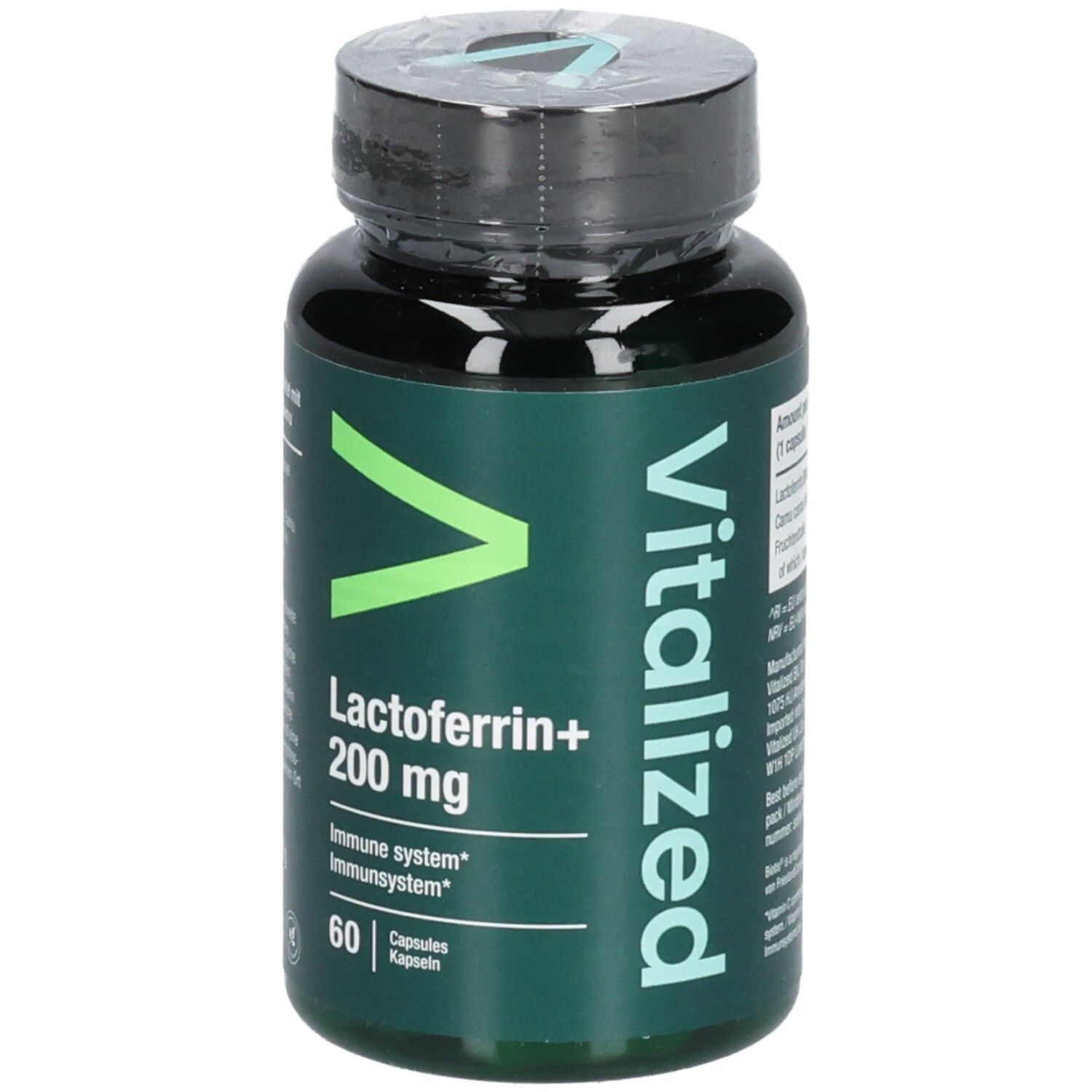 Dunkelgrüne Kapsel-Dose mit schwarzem Deckel. Aufschrift: Vitalized, Lactoferrin+ 200 mg, 60 Kapseln. Grün-weißes Logo.