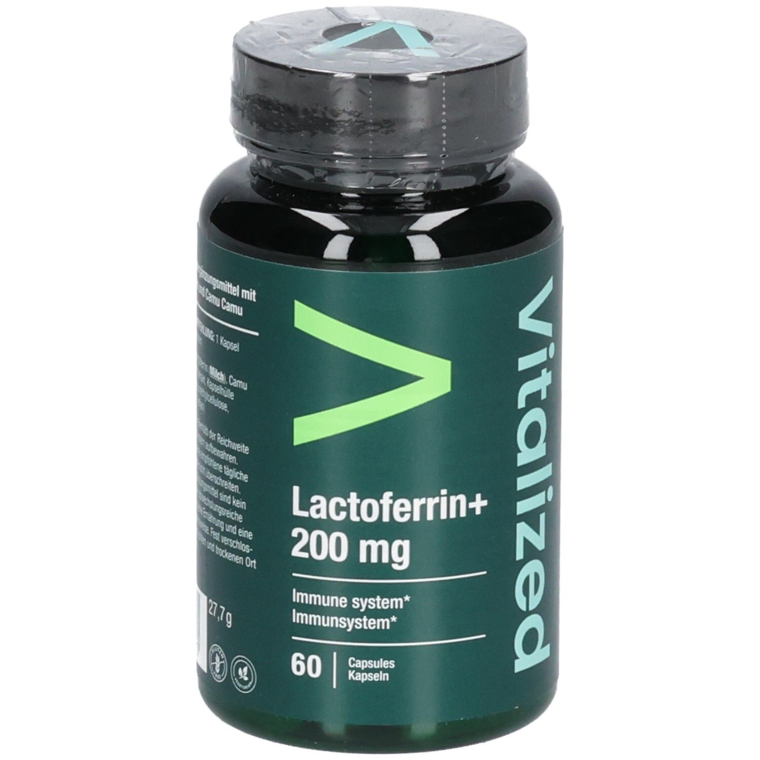 Dunkelgrüne Kapsel-Dose mit schwarzem Deckel. Aufschrift: Vitalized, Lactoferrin+ 200 mg, 60 Kapseln. Grün-weißes Logo.