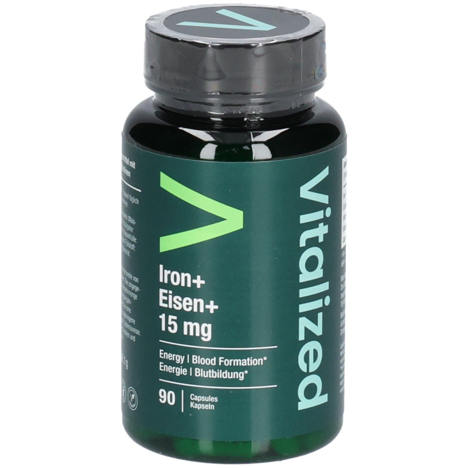 Grüne Kapseln in einer Flasche. Aufschrift: Vitalized, Iron+ Eisen+ 15 mg. 90 Kapseln.