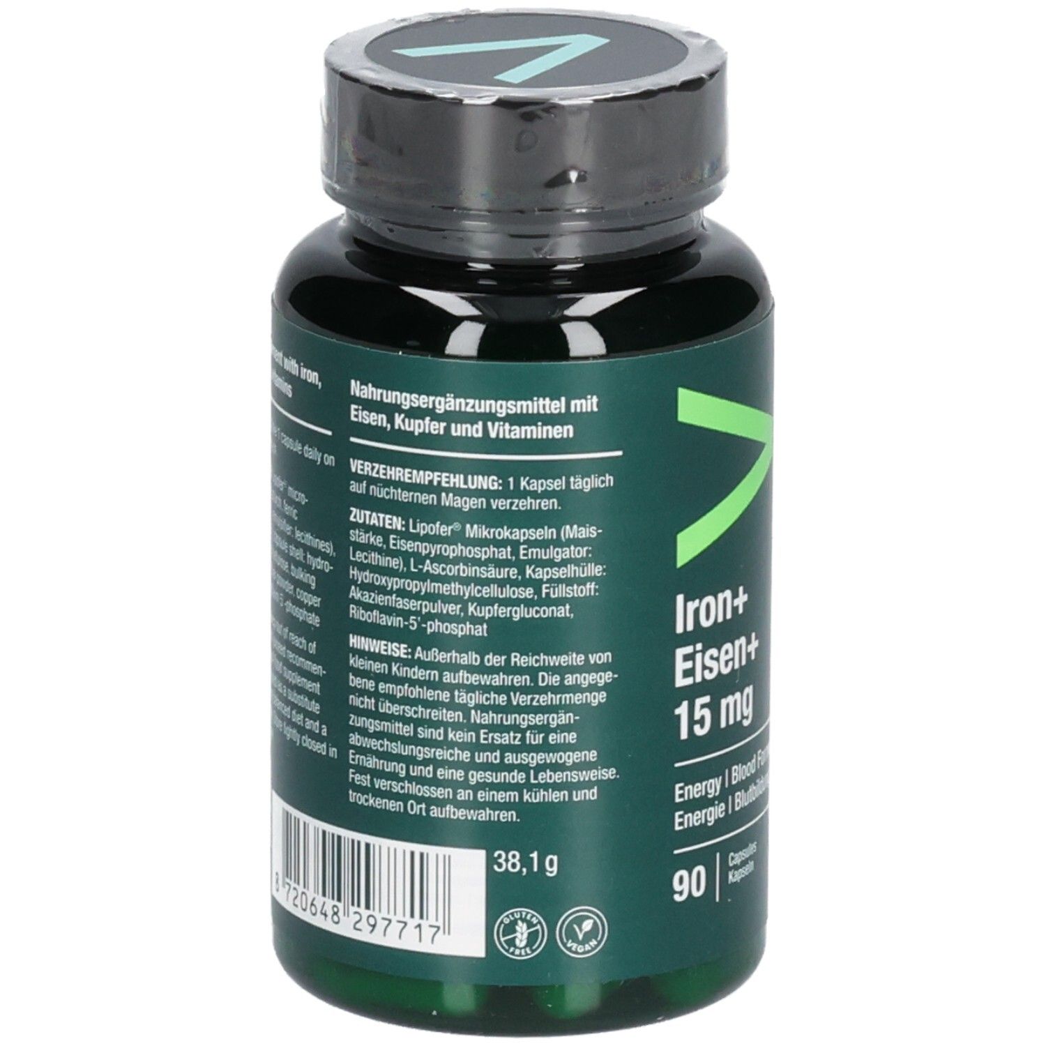 Rückseite der Flasche mit Inhaltsangaben. Zutaten, Verzehrempfehlung, Warnhinweise. Gewicht: 38,1 g.