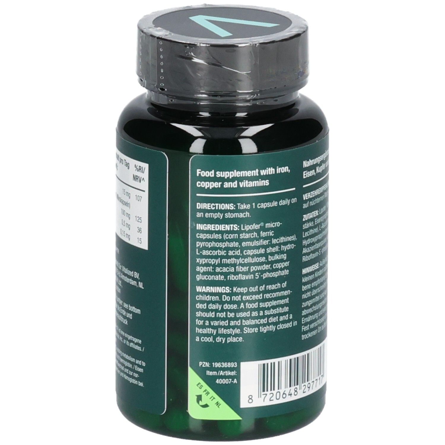 Rückseite der Flasche mit englischer Beschreibung. Zutaten, Anwendungshinweise, Warnhinweise.