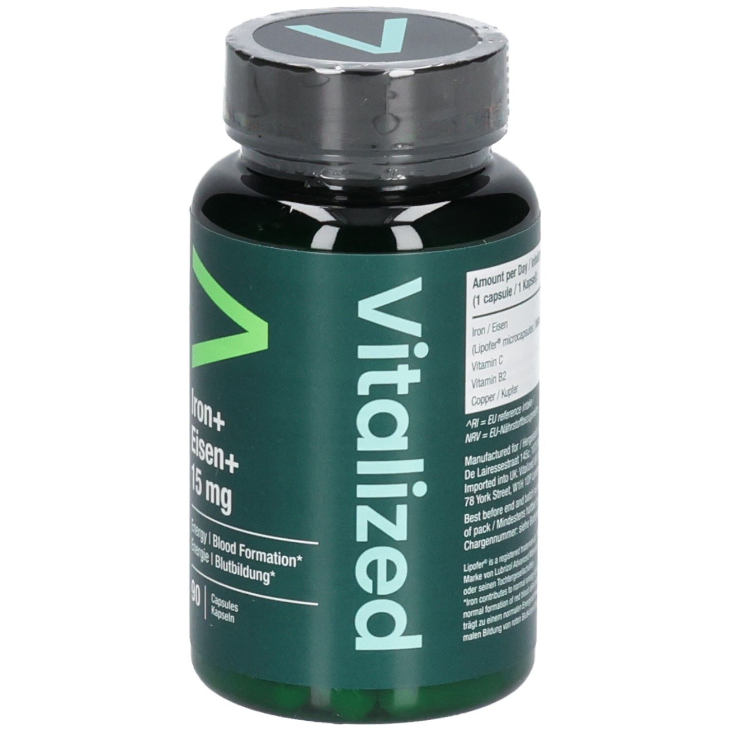 Flasche mit Kapseln. Aufschrift: Vitalized, Iron+ Eisen+ 15 mg. Informationen zur Dosierung.