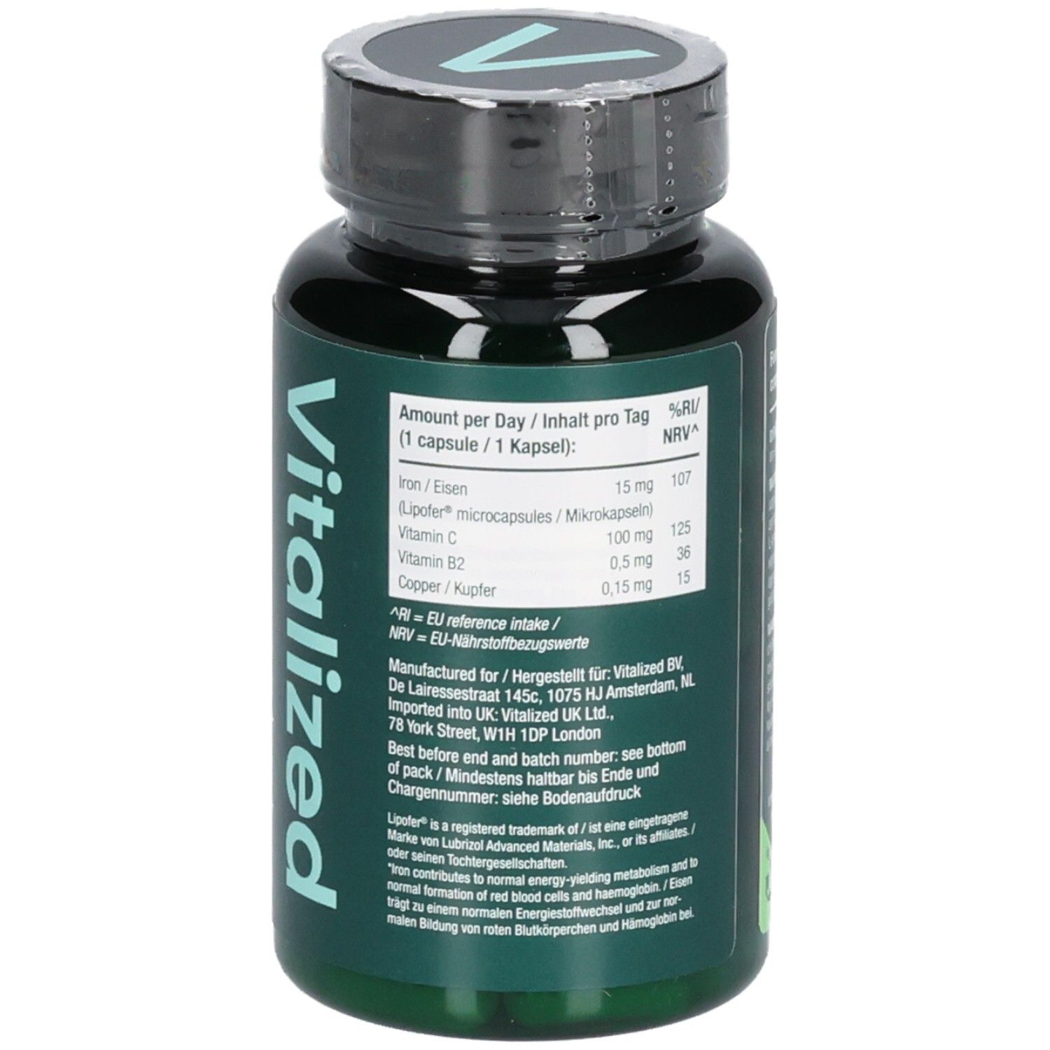 Flasche mit Nährwertangaben. Eisen, Vitamin C, Vitamin B2, Kupfer. EU-Referenzwerte.