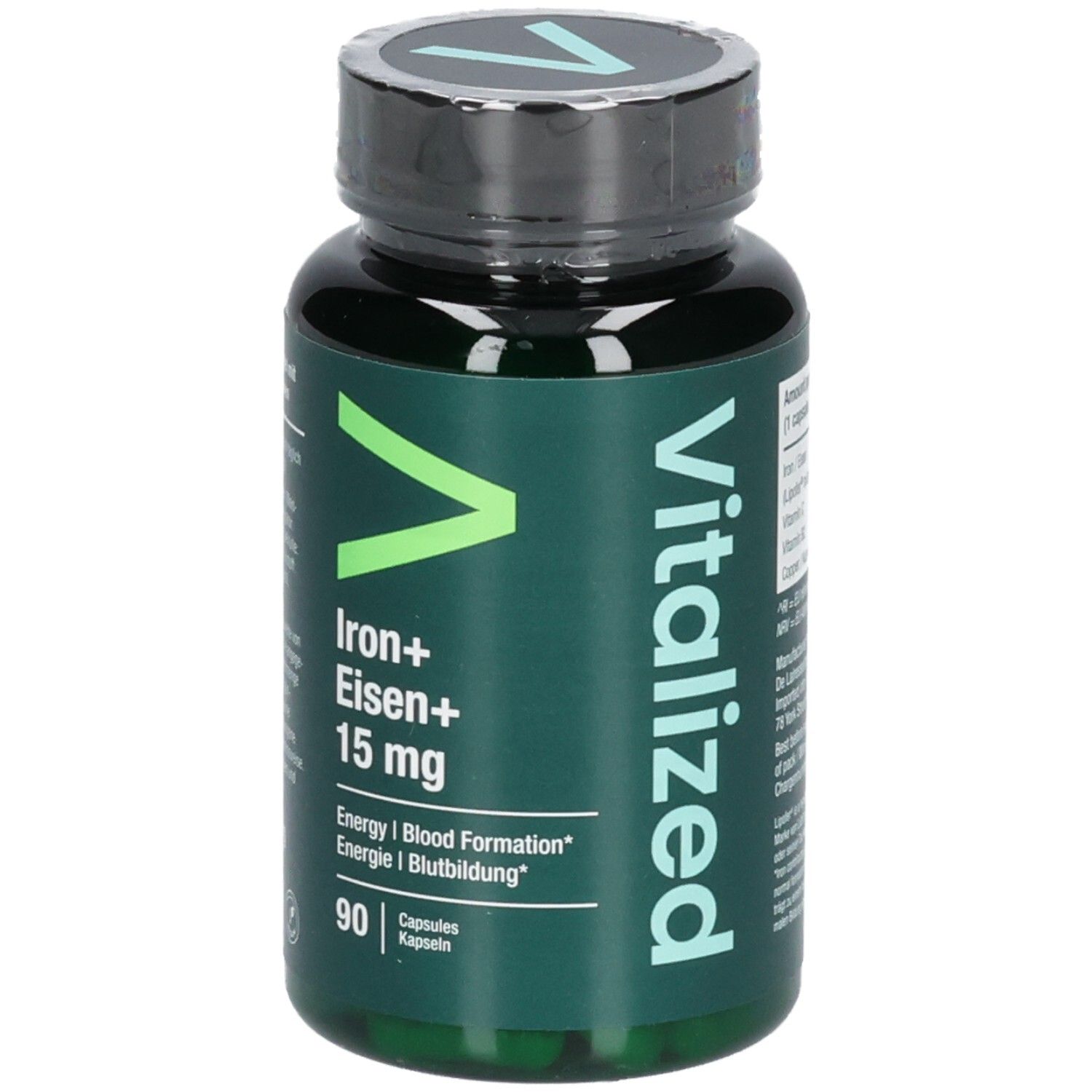 Grüne Kapseln in einer Flasche. Aufschrift: Vitalized, Iron+ Eisen+ 15 mg. 90 Kapseln.
