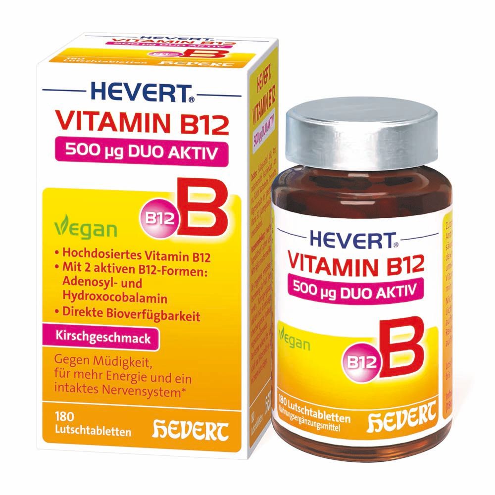 Hevert Vitamine B12 Duo Aktiv, boîte et flacon. Inscription : 500 µg, Duo Aktiv, Vegan, goût cerise.