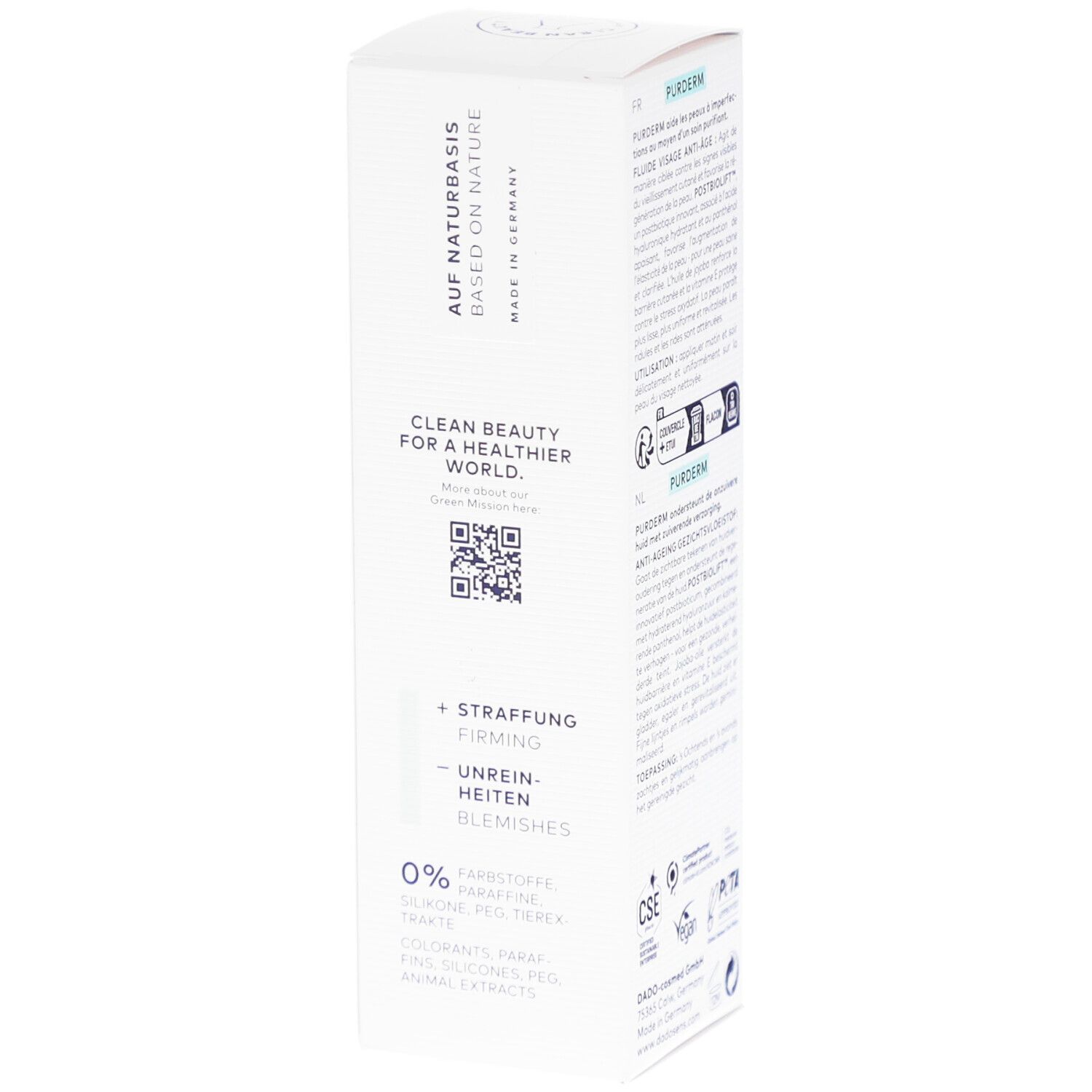 Emballage du produit avec texte: Sur base naturelle. Beauté propre. Texte: + Raffermissement, - Imperfections, 0% additifs. QR code.