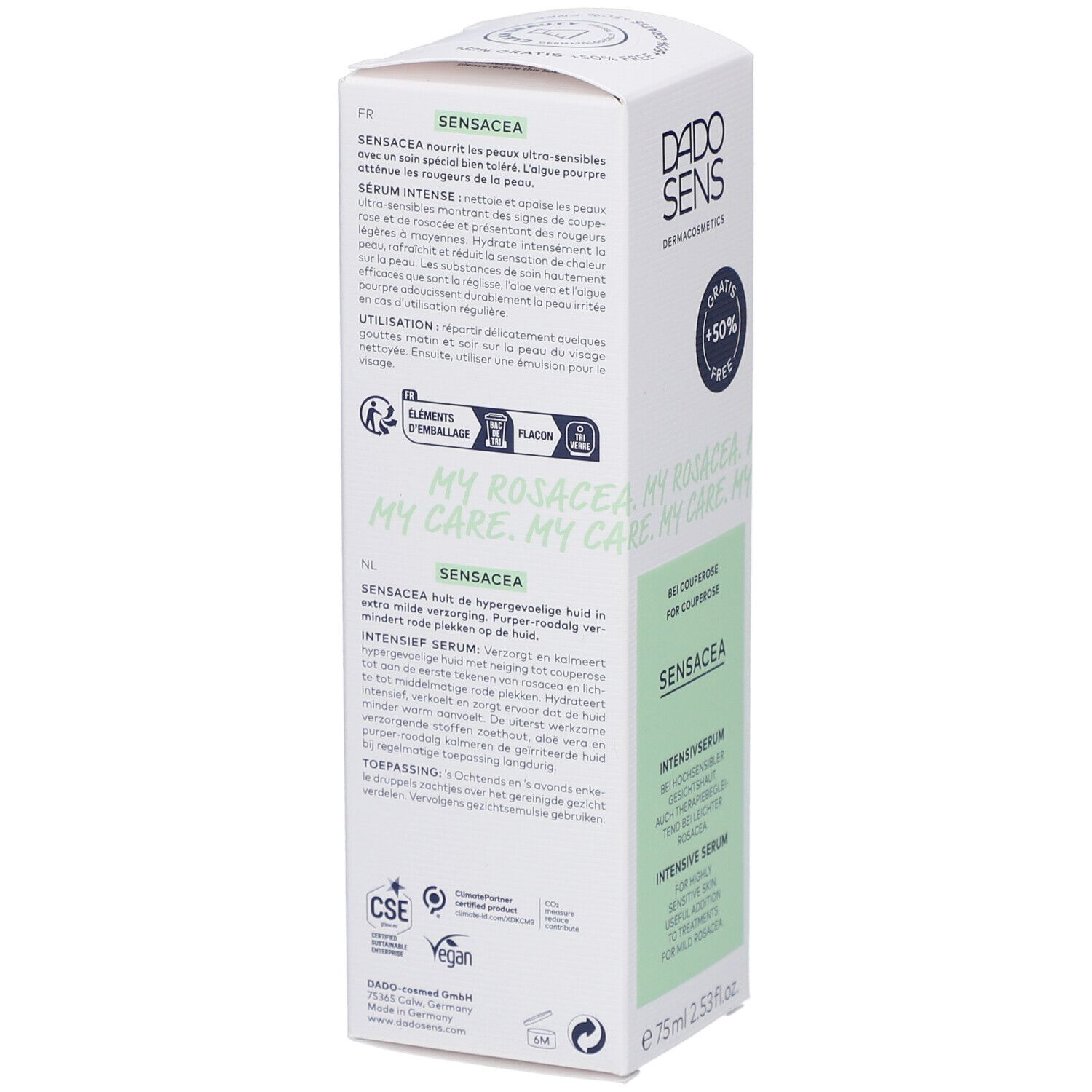 Dos de l'emballage DADO SENS® SENSACEA. Texte multilingue. Informations sur les ingrédients et l'utilisation. Contient 75ml.