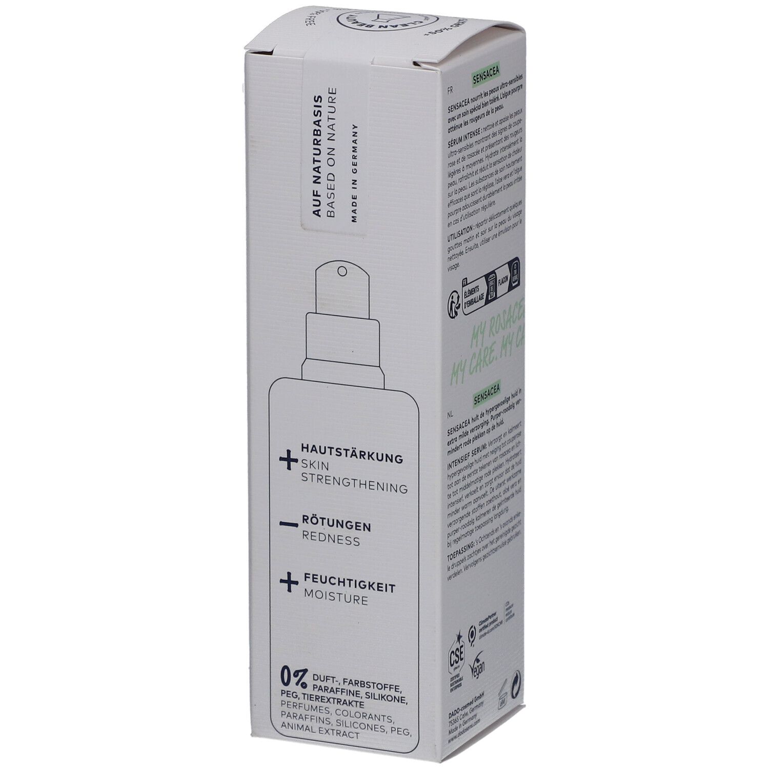 Emballage DADO SENS® SENSACEA. Illustration d'un flacon avec vaporisateur. Texte: Renforcement de la peau, rougeurs, hydratation.