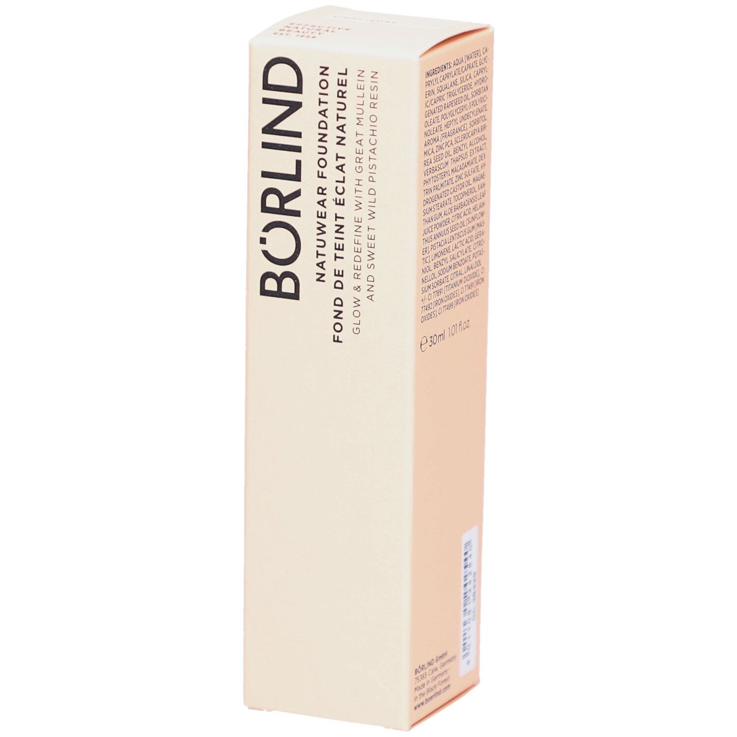 Emballage de ANNEMARIE BÖRLIND Natuwear Foundation. Texte: BÖRLIND, Natuwear Foundation, Fond de Teint Eclat Naturel. Couleur: Light Ivory.