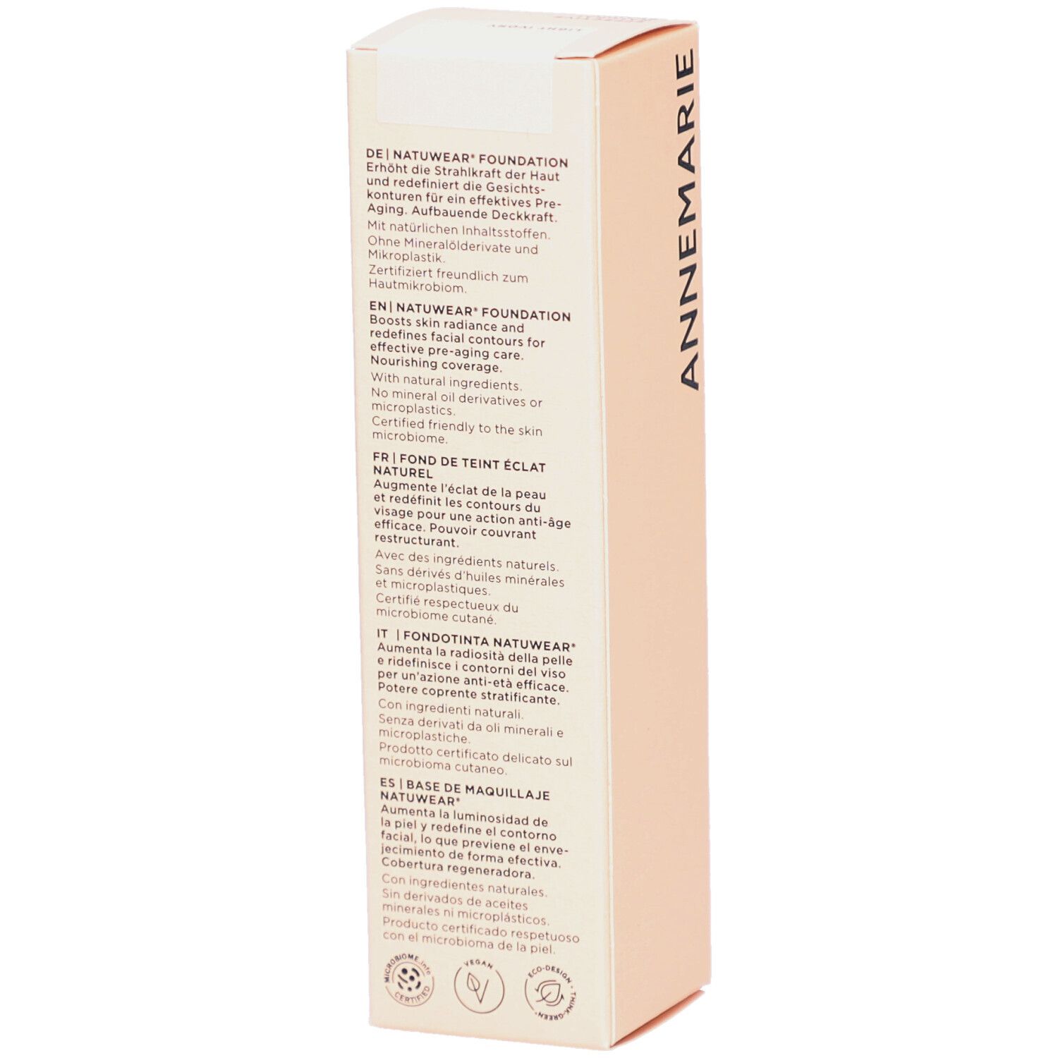 Dos de l'emballage de ANNEMARIE BÖRLIND Natuwear Foundation. Texte en allemand, anglais, français, italien et espagnol.