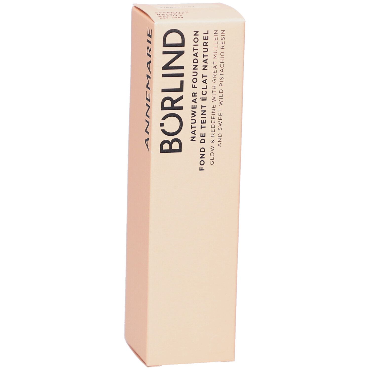Emballage de ANNEMARIE BÖRLIND Natuwear Foundation. Texte: ANNEMARIE BÖRLIND, Natuwear Foundation, Fond de Teint Eclat Naturel. Couleur: Light Ivory.