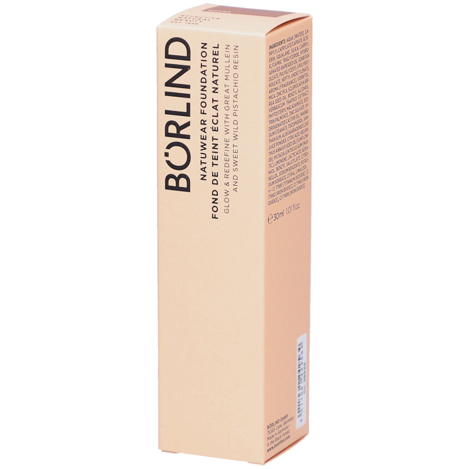 ANNEMARIE BÖRLIND Natuwear Foundation. Beige Karton mit Produktinformationen. Vertikale Ansicht.