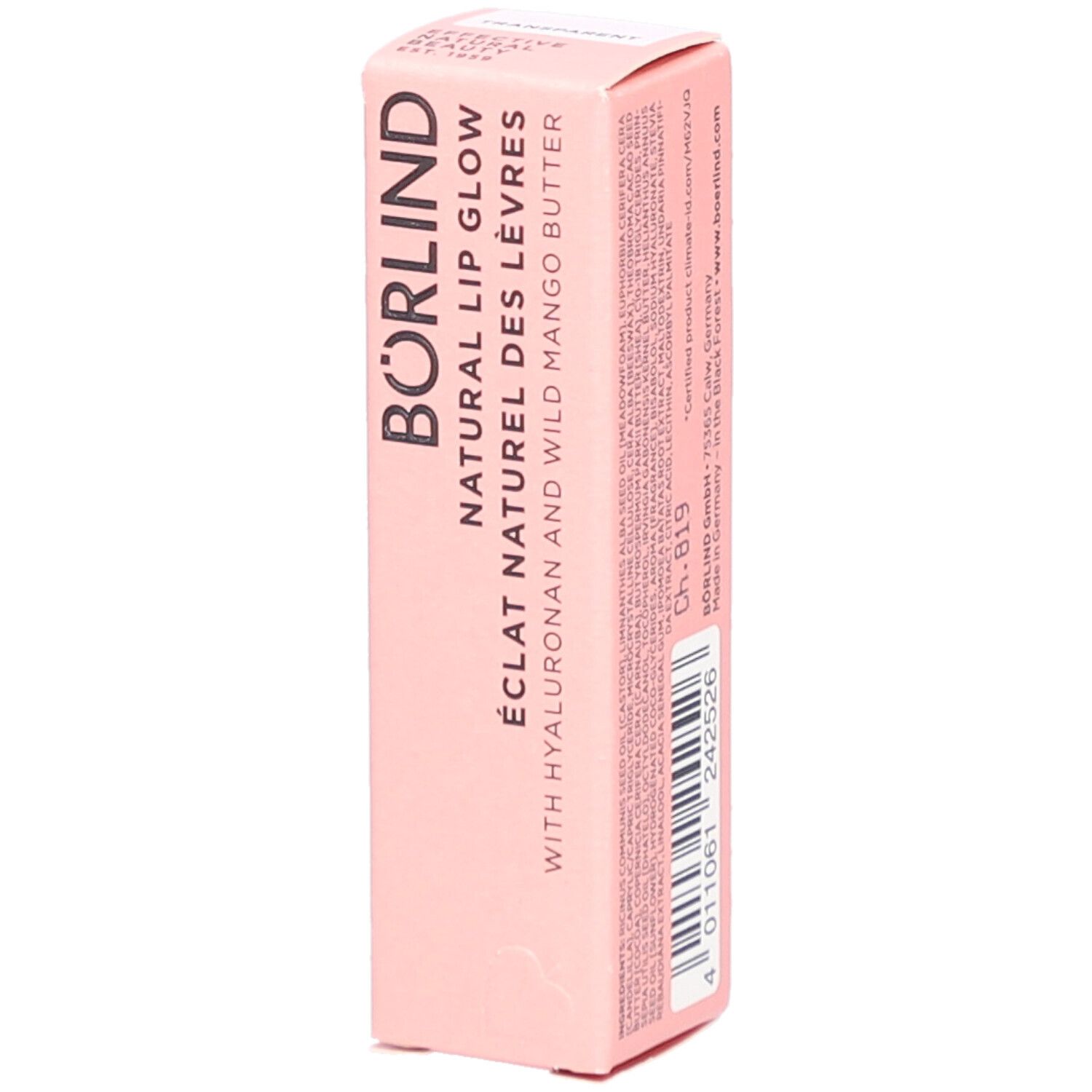 Rosa Verpackung mit Produktinformationen. Schriftzug: BÖRLIND NATURAL LIP GLOW. Enthält Hyaluron und Mango Butter. Mit Barcode.