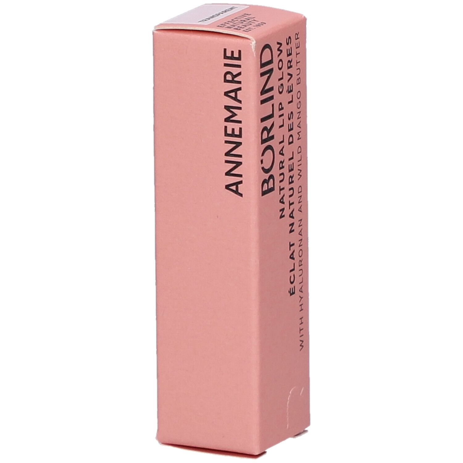 Rosa Verpackung. Schriftzug: ANNEMARIE BÖRLIND. NATURAL LIP GLOW. Enthält Hyaluron und Mango Butter. Vertikale Ansicht.