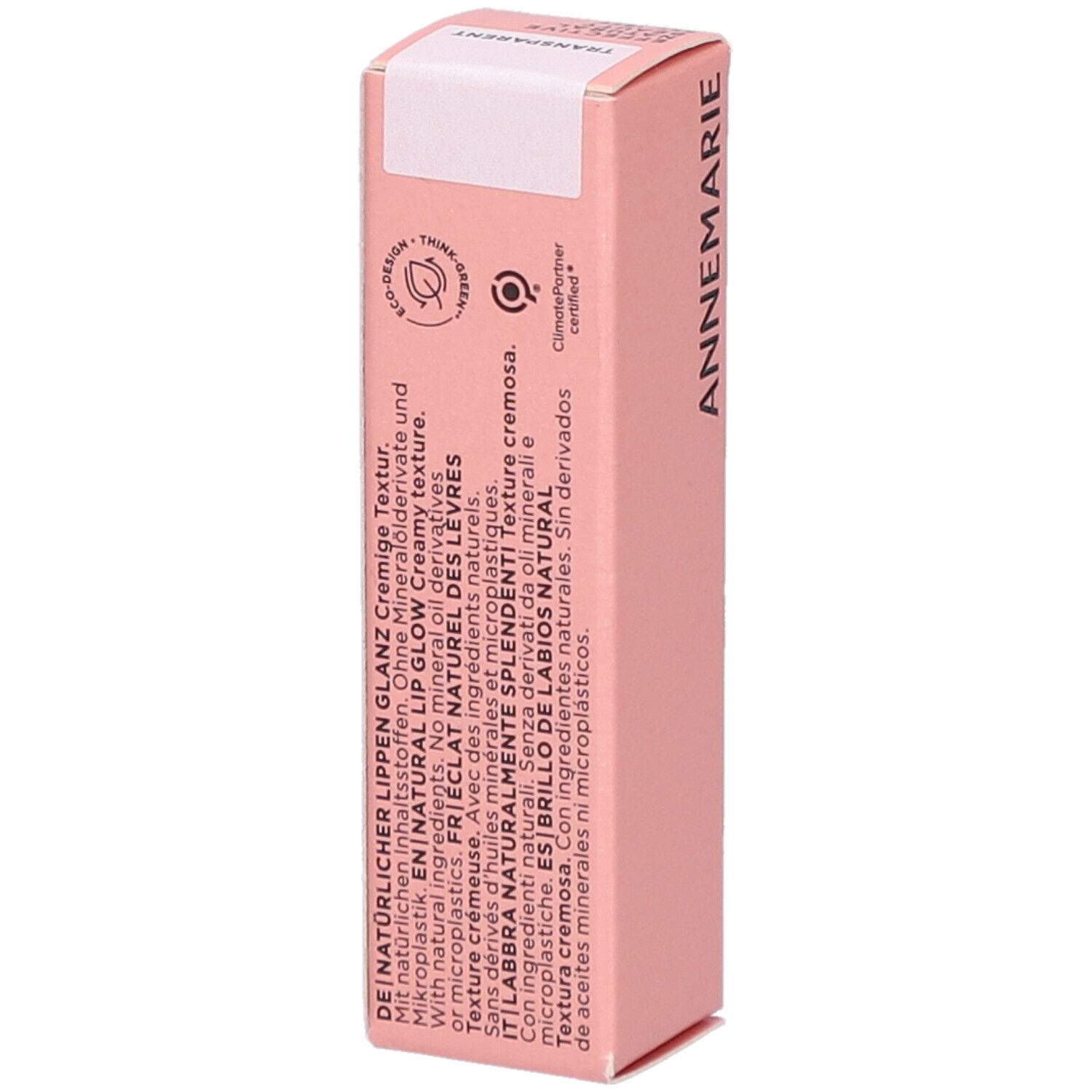 Rosa Verpackung mit Text. Schriftzug: ANNEMARIE. Textur: Cremig. Zertifizierungen: Eco Design, ClimatePartner.