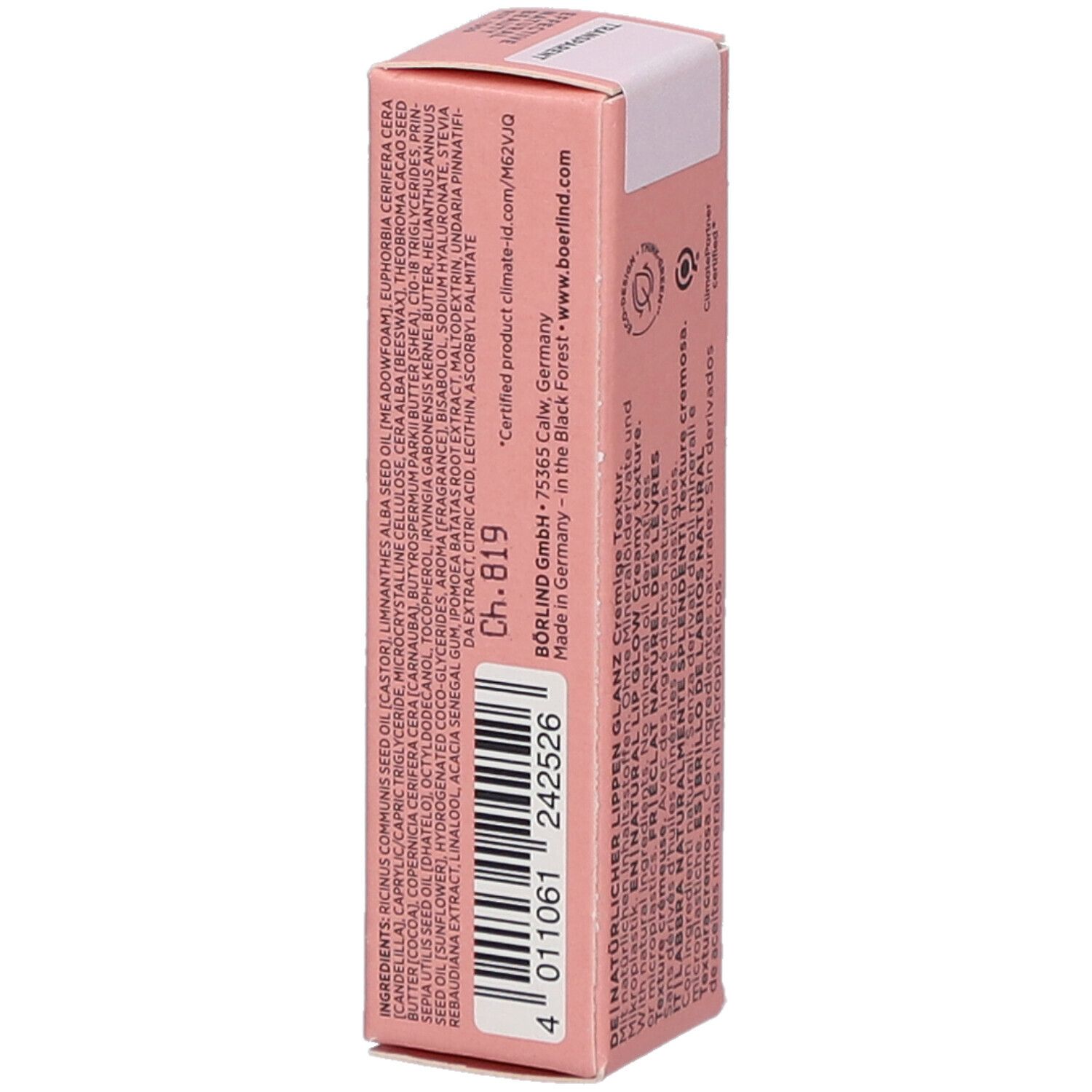 Rosa Verpackung mit Inhaltsstoffen und Informationen. Schriftzug: BÖRLIND. Made in Germany. Barcode.